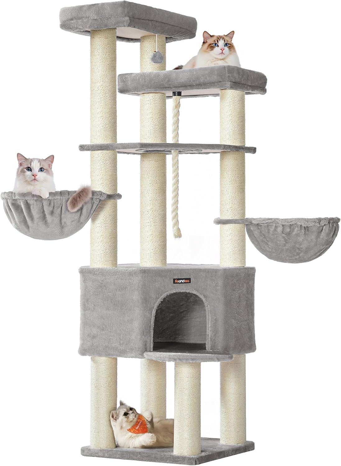 Feandrea Kratzbaum groß, mehrstöckiger Katzenbaum, XXL, 55 x 55 x 186,7 cm, 11 cm d Dicke Sisalstämme, für große Katzen wie Maine-Coon-Katze, Katzenkratzbaum, Taubengrau-cremeweiß