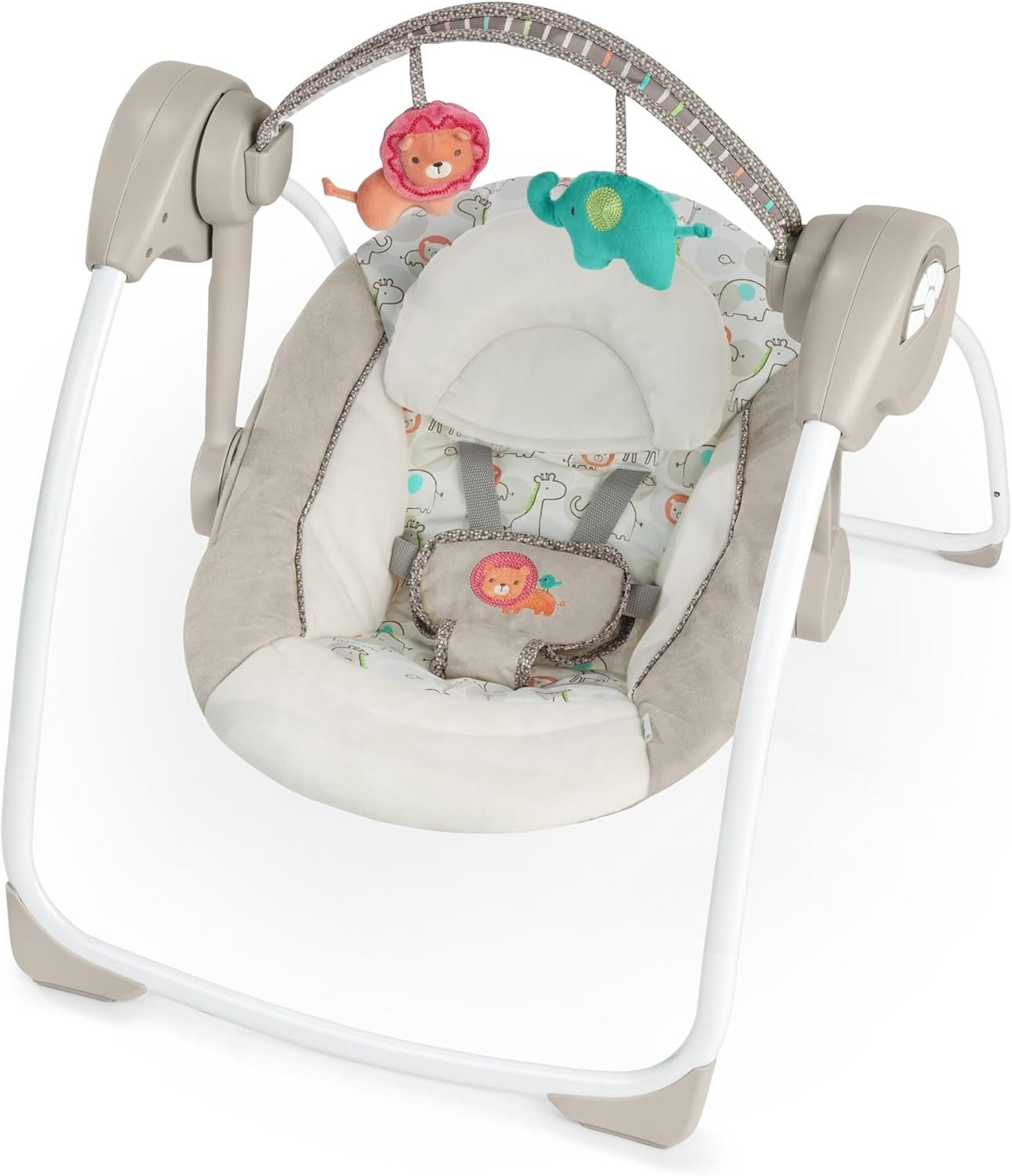 Ingenuity, tragbare Babyschaukel, Cozy Kingdom - 6 Schaukelgeschwindigkeiten, 12 beruhigenden Melodien, Spielbogen mit abnehmbare Plüschtiere, Waschmaschinenfeste Stoffe, ab der Geburt bis 9kg