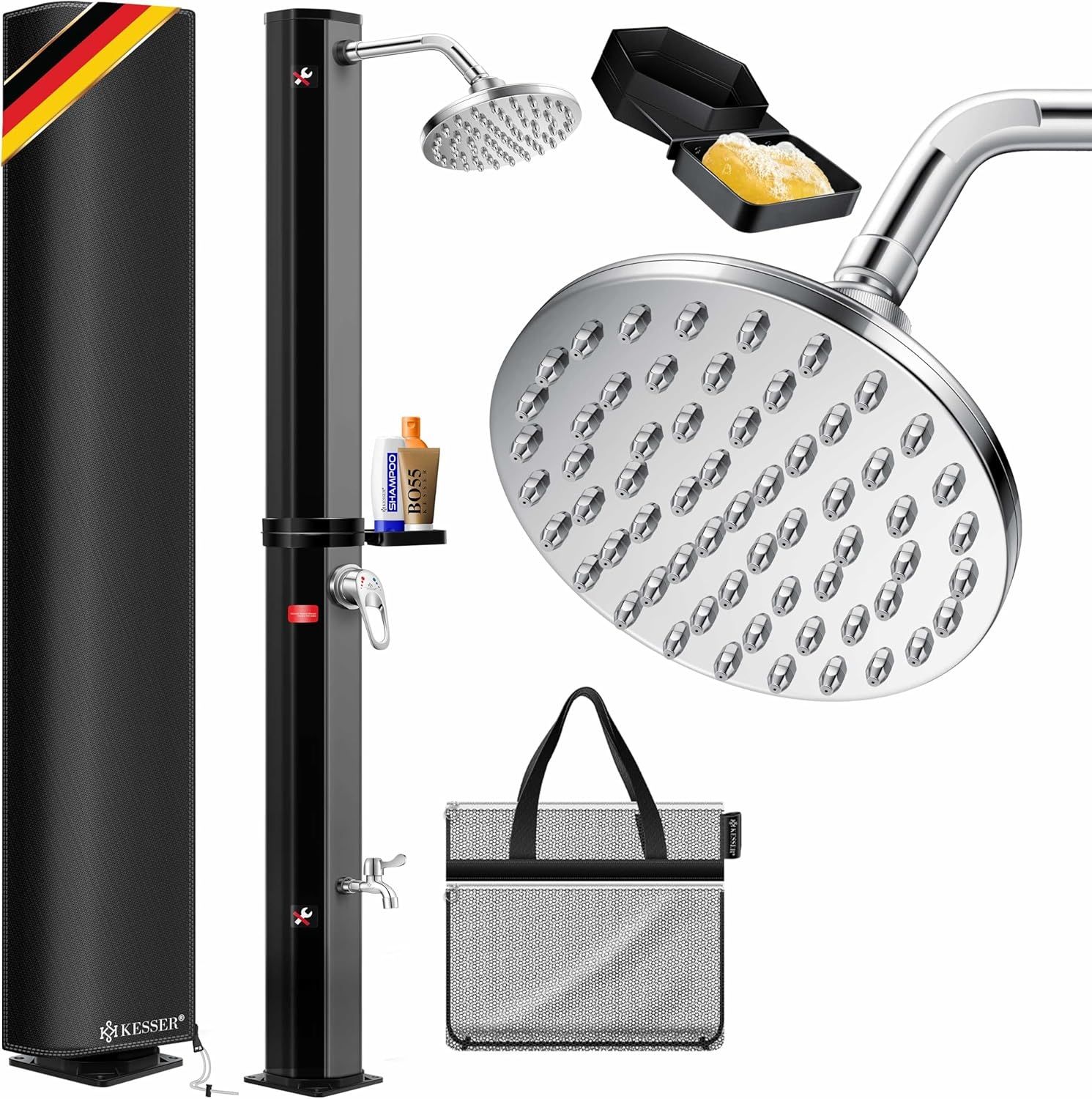 KESSER® Solardusche 35 Liter Solar Gartendusche + Metall-Duschablage | warmes Wasser | max. 60°C | ohne Stromanschluss | Pooldusche Camping| Regenduschkopf und Wasserhahn | Gartenschlauch-Anschluss | Schwarz / Anthrazit