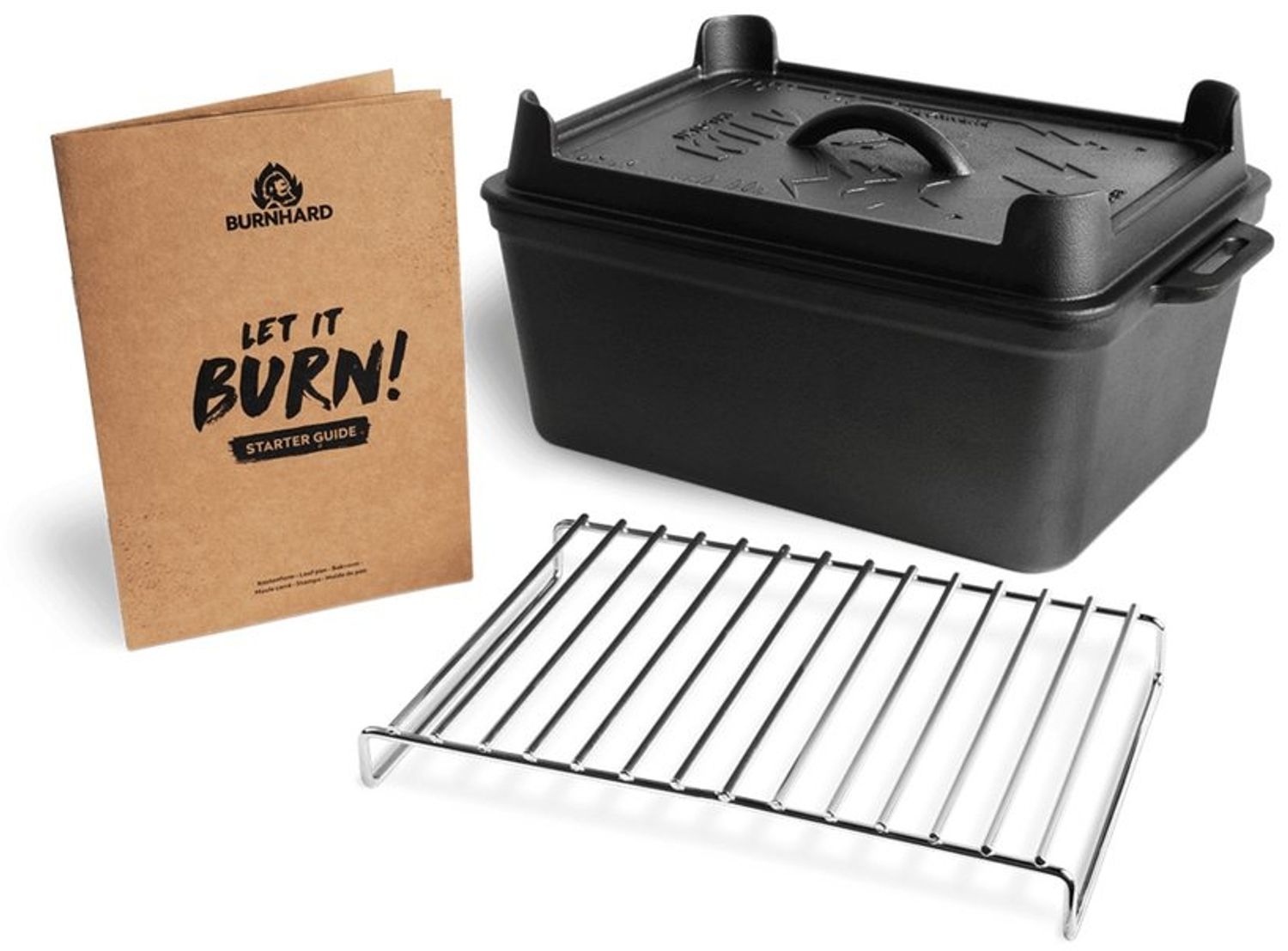 BURNHARD Gusseisen Kastenform mit Pfannendeckel 6,5 L rechteckig, Pre-Seasoned - große Auflaufform ideal zum Brotbacken, Braten, Kochen und Schmorren mit Edelstahl Rosteinsatz - Schwarz - #946115