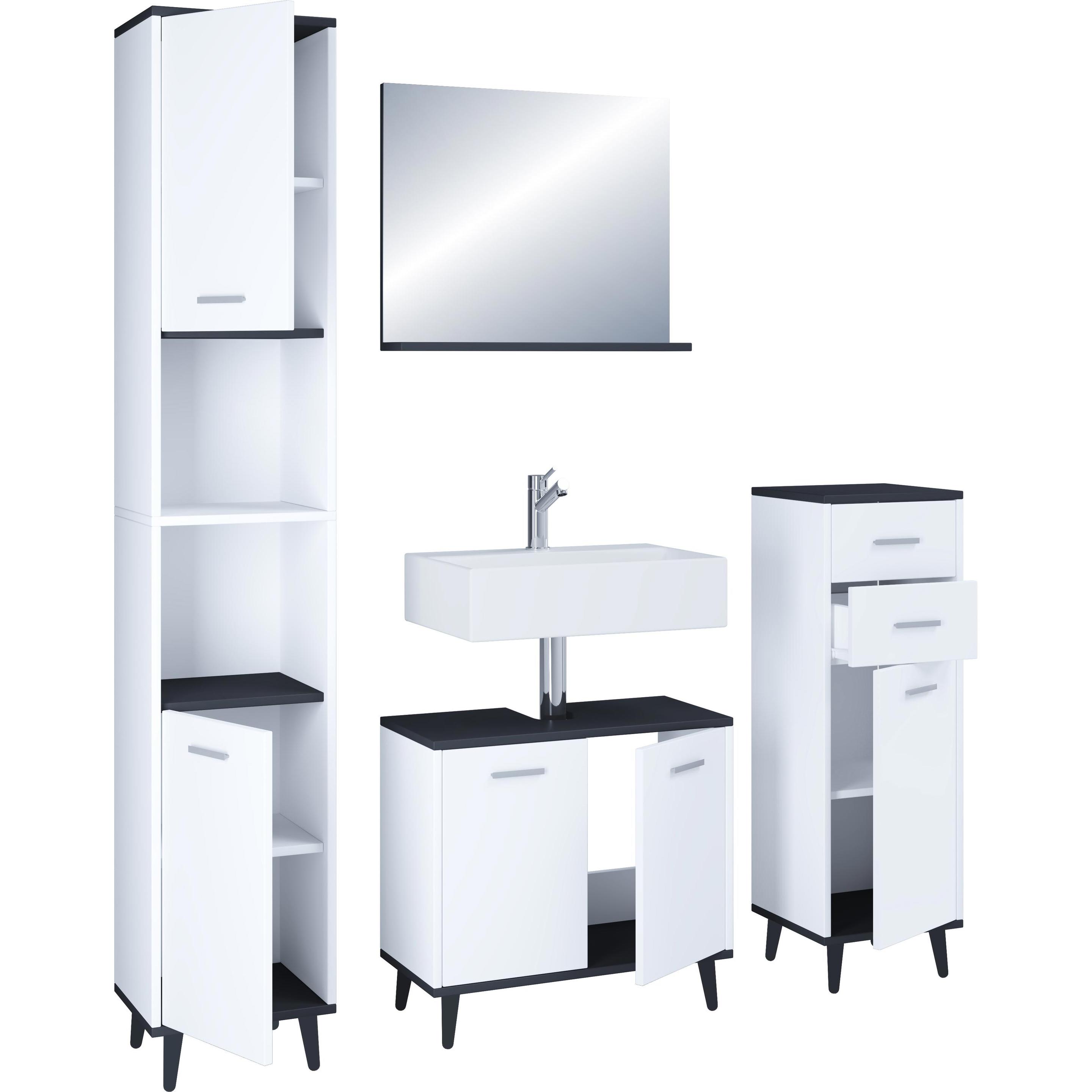 VCM Badmöbelset Landos I, 4-teilig mit Unterschrank, Midischrank, Hochschrank und Spiegel, pflegeleicht und feuchtigkeitsresistent