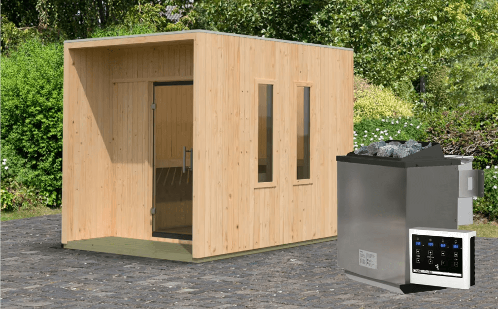 Karibu Saunahaus Laguna mit 9kW Bio-Ofen in zwei Farben erhältlich naturbelassen