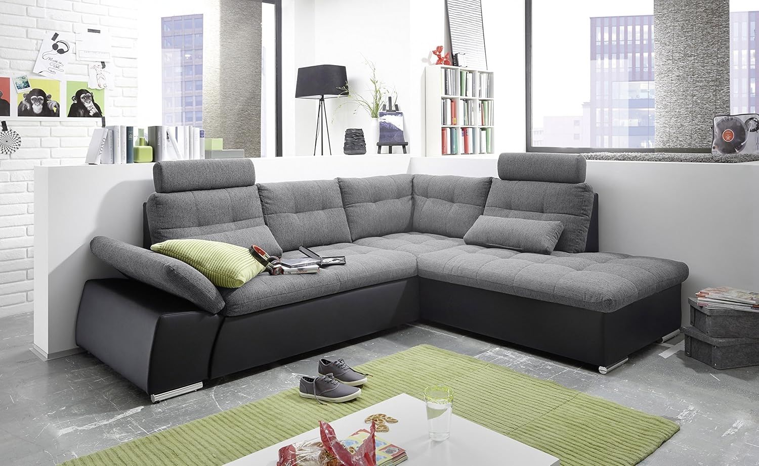 Ecksofa JAK Couch Schlafcouch Sofa Lederlook grau schwarz Ottomane rechts L-Form