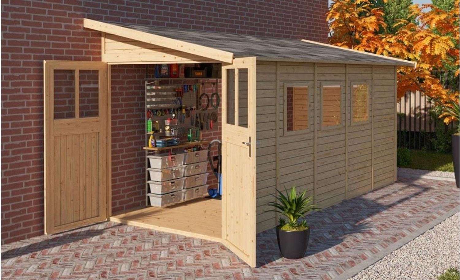 Anlehnhaus Wandlitz 5 - 181x442 cm, 19 mm Holz naturbelassen, Karibu