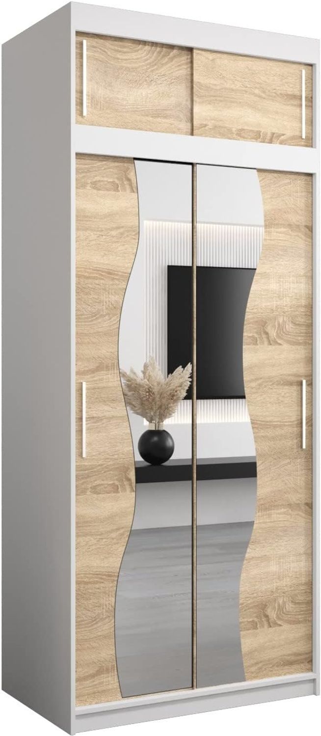 KRYSPOL Schwebetürenschrank Madryt 100 cm mit Spiegel Kleiderschrank mit Kleiderstange und Einlegeboden Schlafzimmer- Wohnzimmerschrank Schiebetüren Modern Design (Weiß + Sonoma mit Erweiterung)