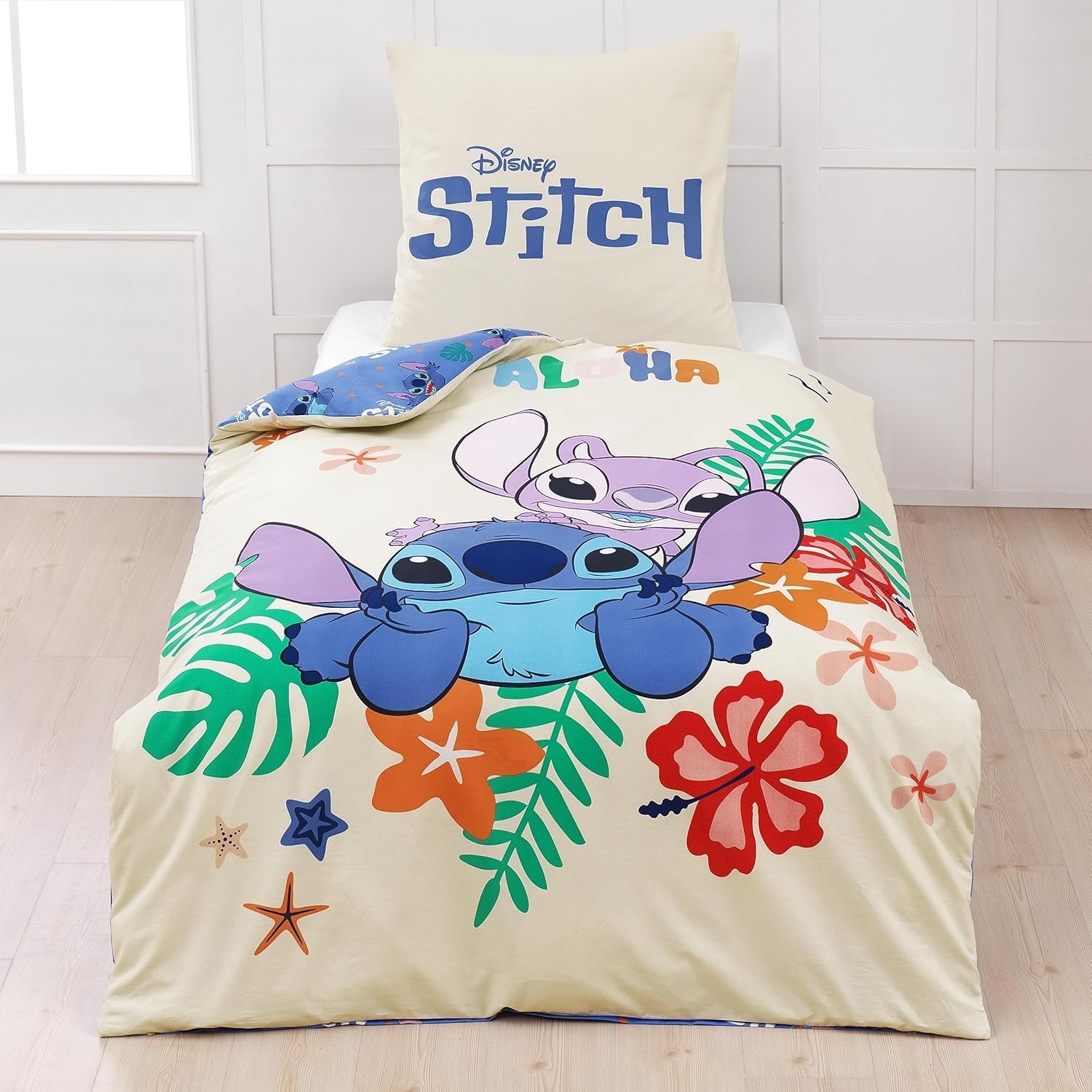 MTOnlinehandel Bettwäsche Lilo & Stitch 135x200 + 80x80 cm, 100 % Baumwolle, Renforcé, 2 teilig, Disney's Kinderbettwäsche mit Reißverschluss