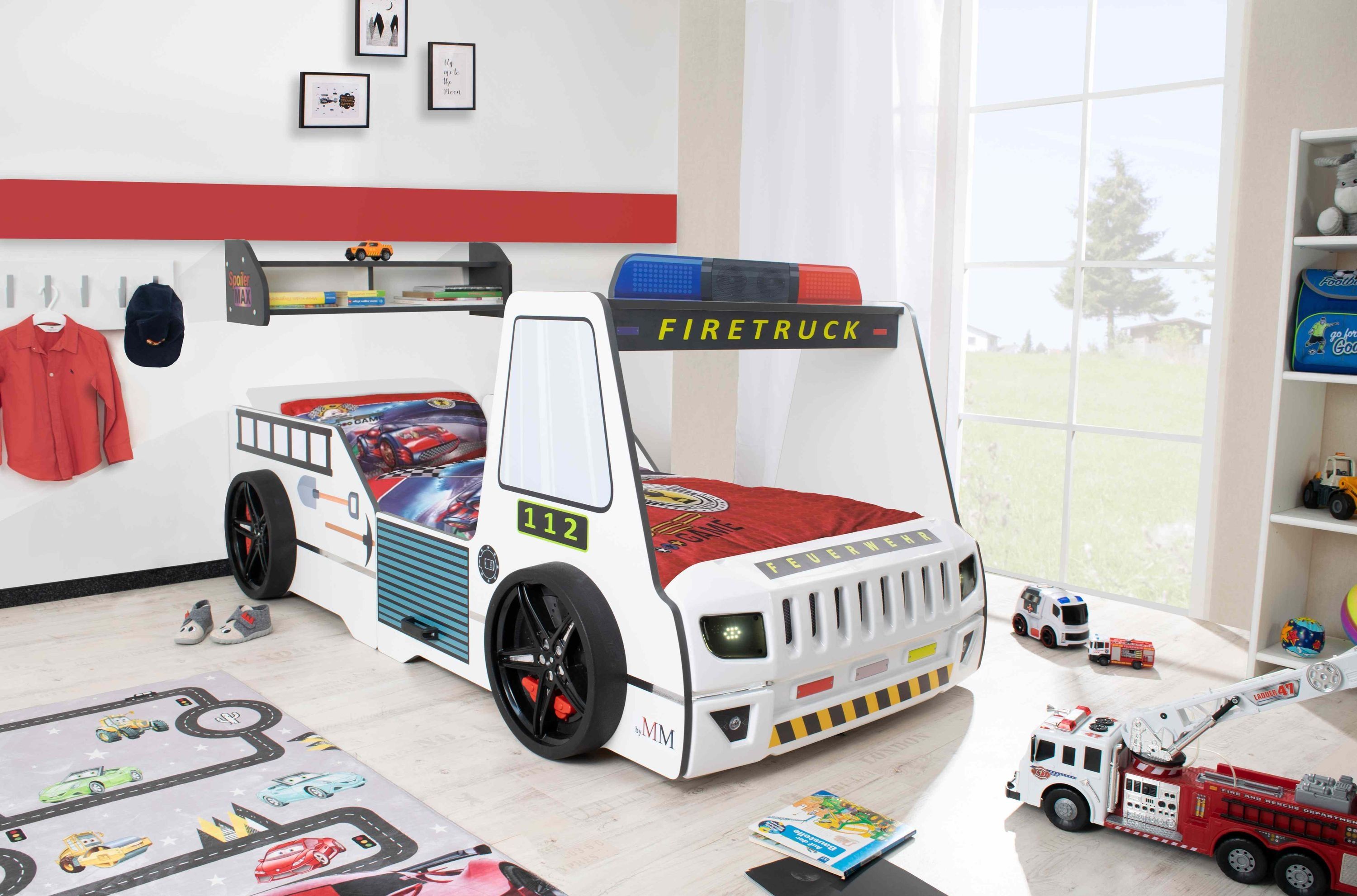 Autobett Kinderbett 90x200 Feuerwehrbett "Rio Firetruck" Hochglanz mit LED Leuchte Weiß