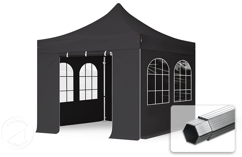 3x3 m Faltpavillon PROFESSIONAL Alu 40mm, Seitenteile mit Sprossenfenstern, schwarz