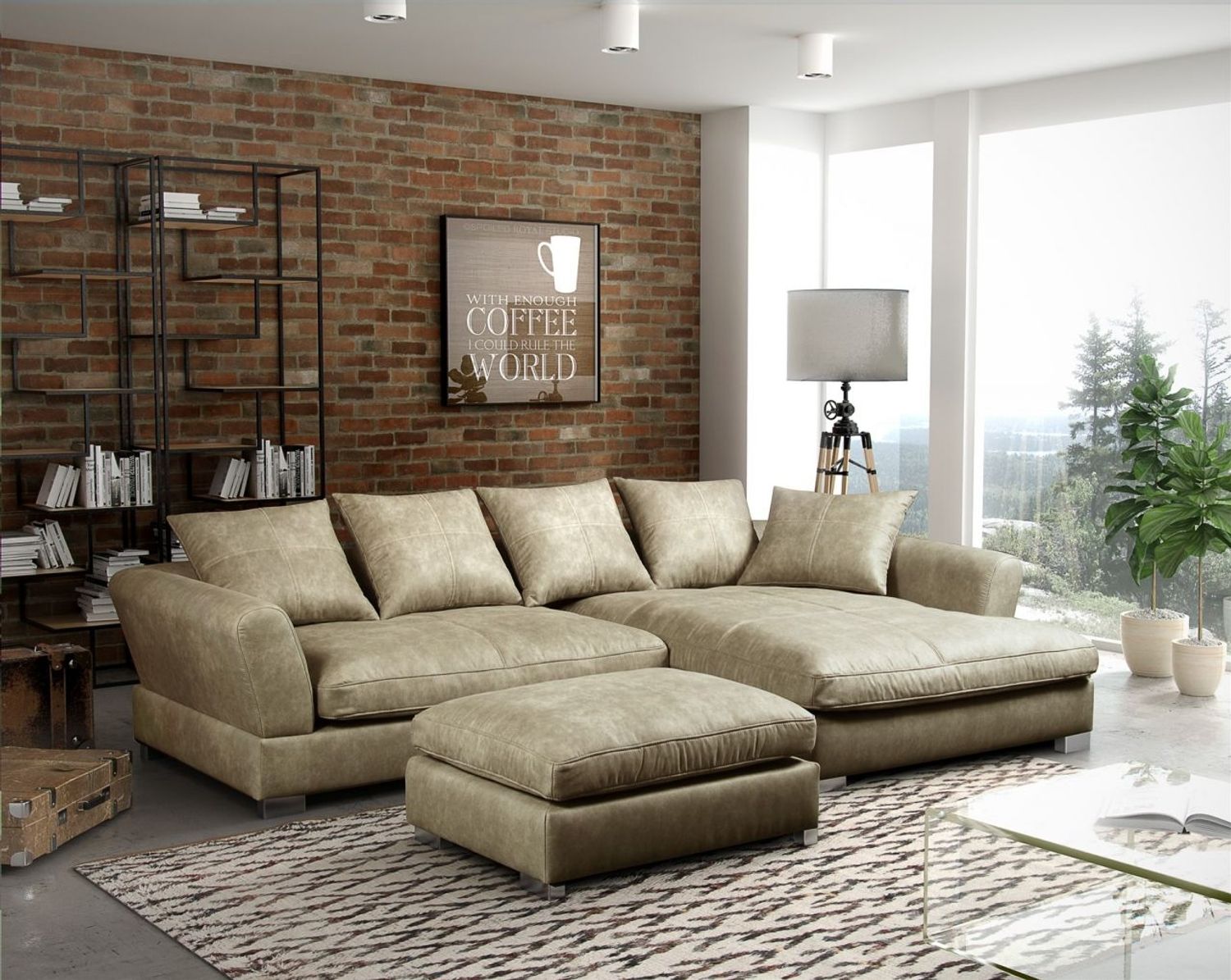 Ecksofa TIZIAN L-Form Wildlederoptik-Beige/Otto. Rechts + Hocker