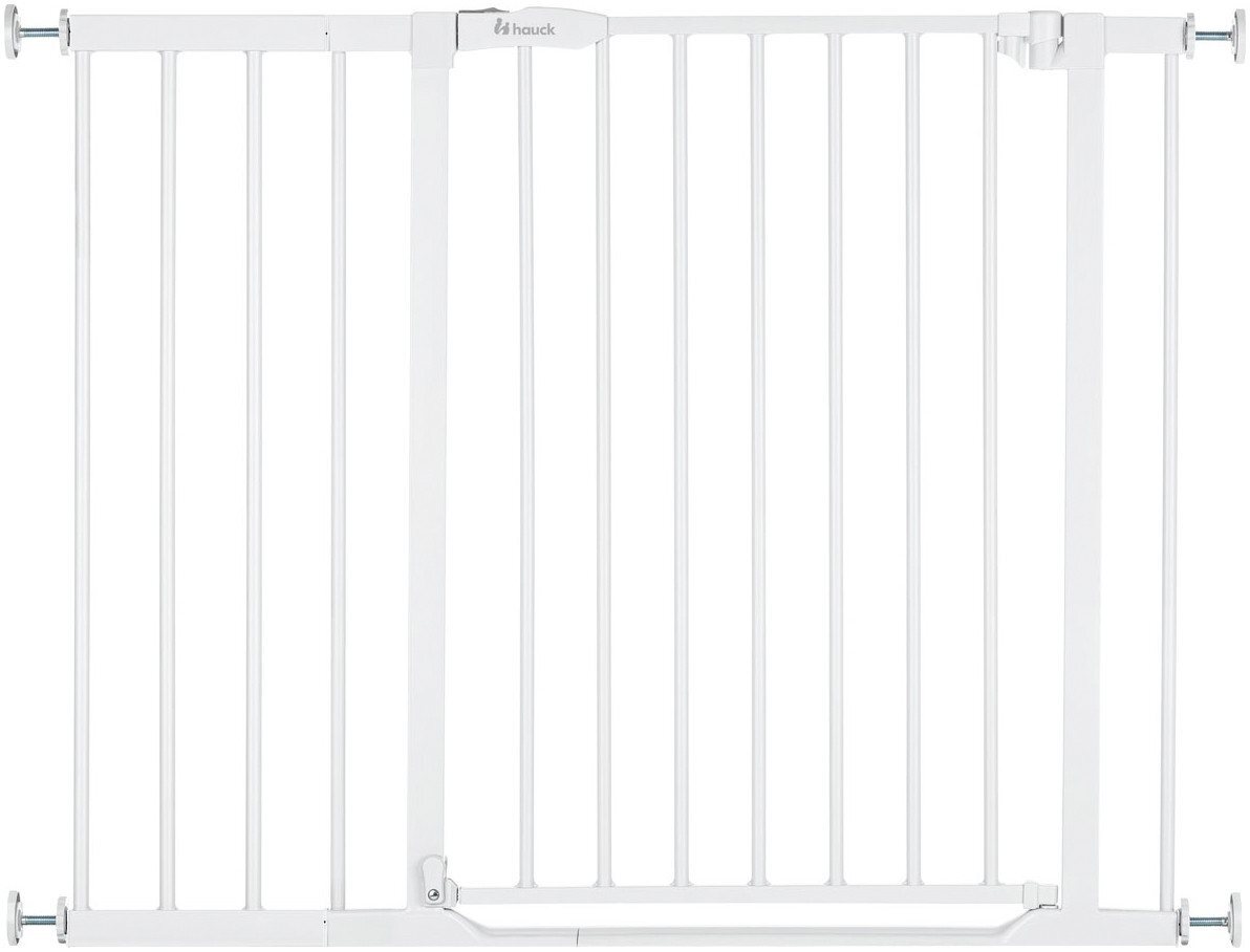 Hauck Treppenschutzgitter Türschutzgitter Clear Step 2 inkl. 21 cm Verlängerung für Breiten 96-101 cm, Ultra Flache Schwelle, ohne Bohren, Einhändiges Beidseitiges Öffnen, Metall (White)