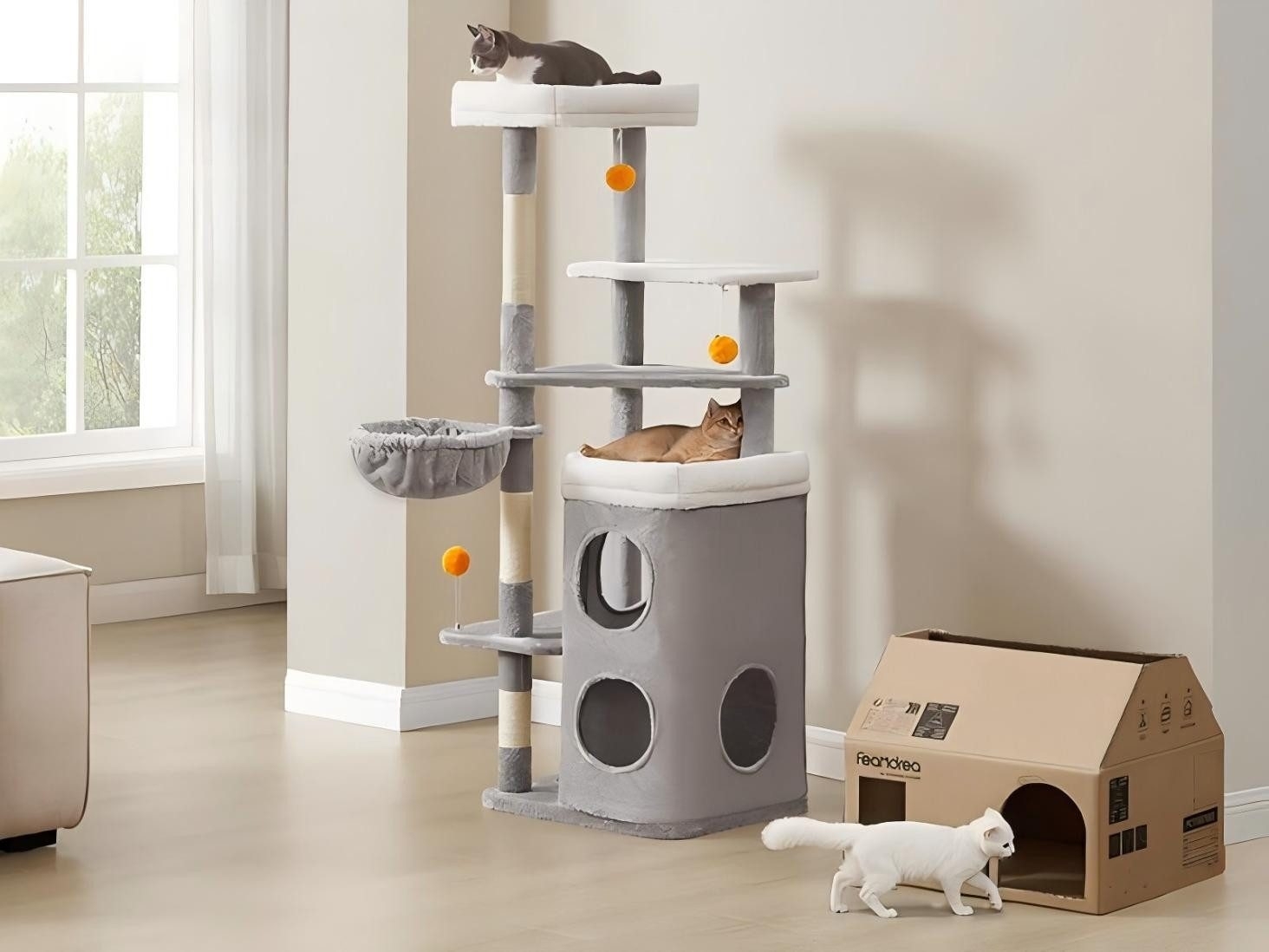 Feandrea Kratzbaum, 152 cm hoch, mehrstöckiger Katzenbaum mit 2 großen Höhlen, 1 Liegemulde, 3 Kratzstämmen, 3 Plattformen, Katzenkratzbaum, Taubengrau