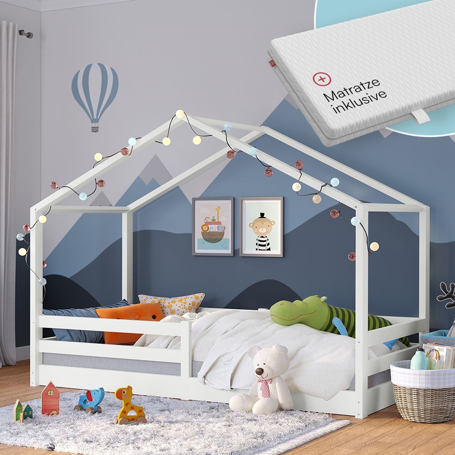 Bellabino 'Abia' Hausbett 90x200 cm mit Matratze, weiß, Kiefer Massivholz, Bodenbett in Hausoptik, Montessori Kinderbett mit Rausfallschutz und Lattenrost