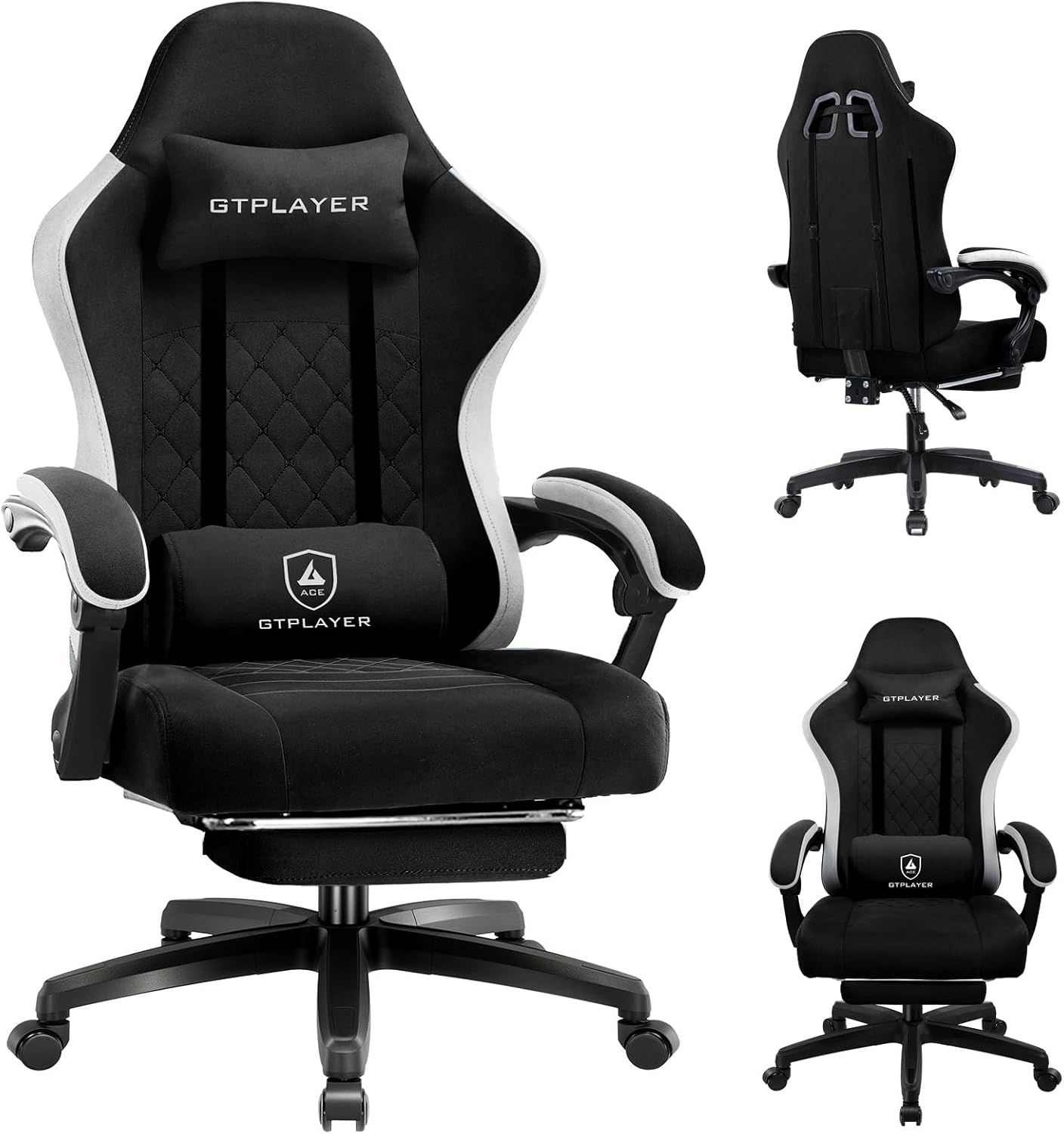 GTPLAYER Gaming Stuhl Ergonomischer Gaming Sessel Schreibtischstuhl mit Stoffoberfläche, Federsitzkissen, Verbindungsarmlehnen und Fußstütze dunkelschwarz