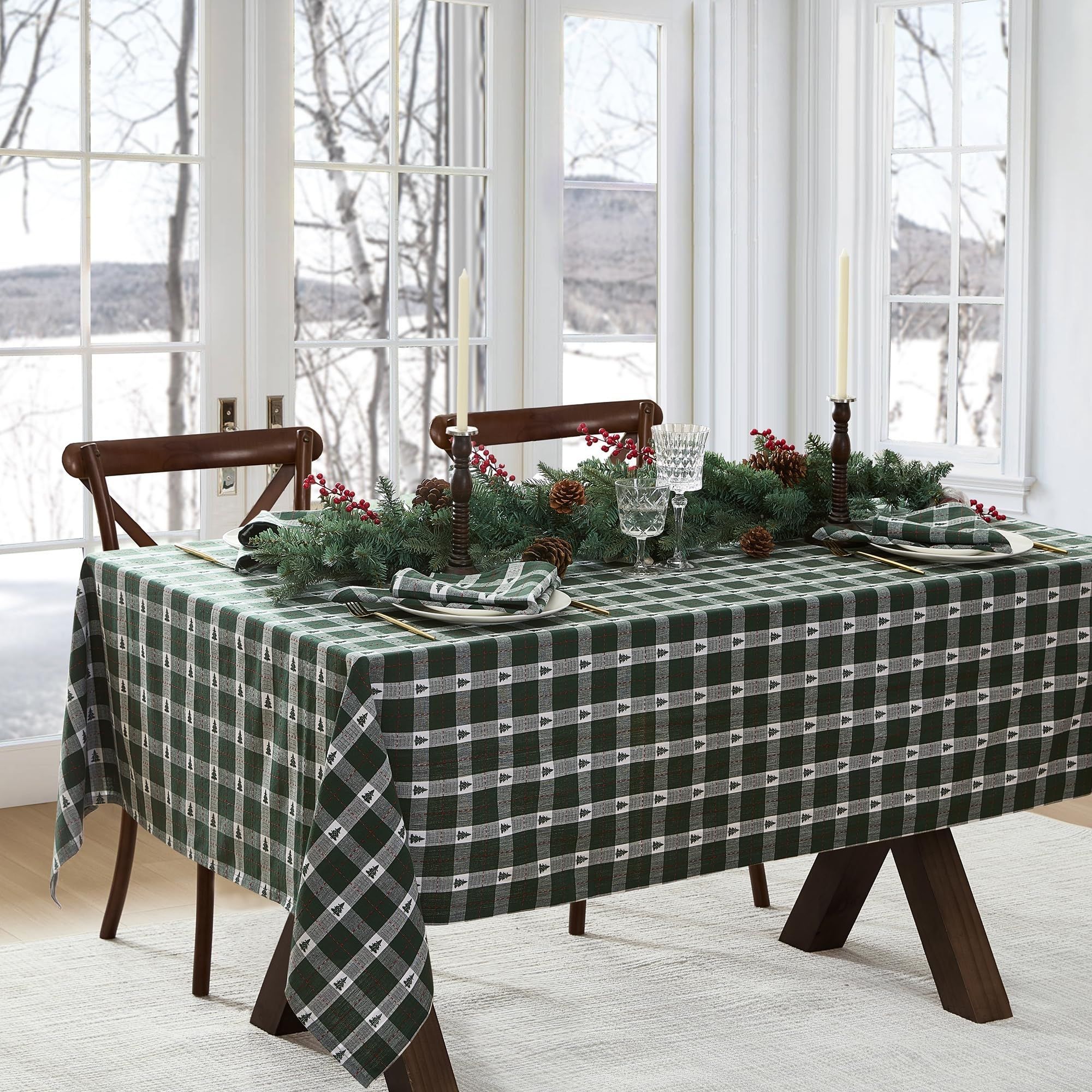 Elrene Home Fashions Sherwood Tree Dobby Tischdecke für Weihnachten/Feiertage, Baumwolle, rechteckig, 152,4 x 304,8 cm, Grün