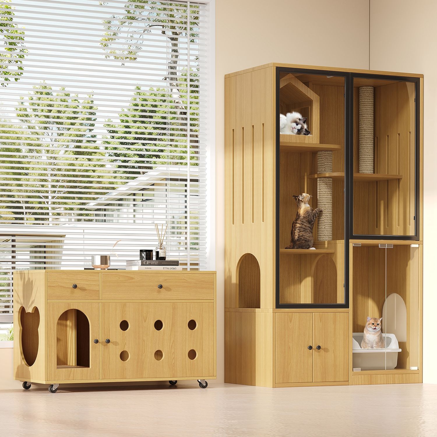 Merax Katzenvilla + Katzentoilette-Schrank, Haustiermöbel-Set, Glas-Katzenhaus, Katzenstreu-Schrank, für mehrere Katzen geeignetes Möbel, Gelbe Ahornholzfarbe