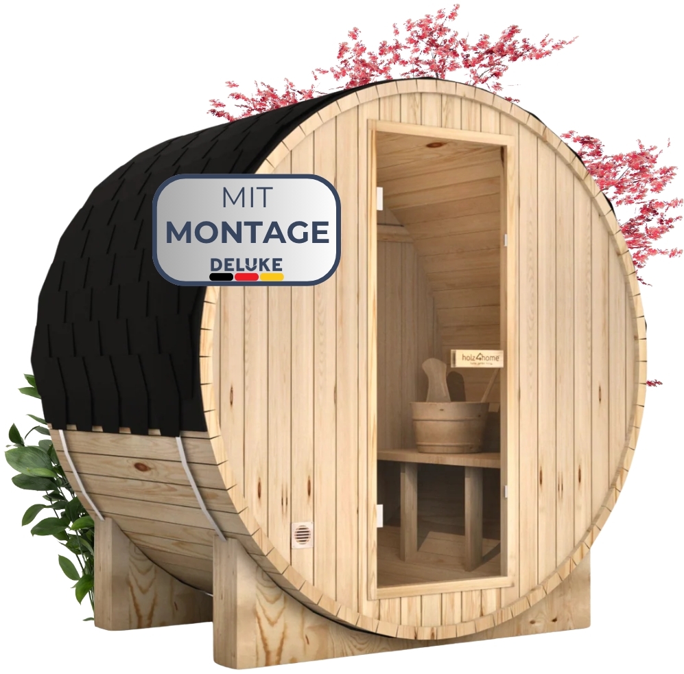 DELUKE® Fasssauna Outdoor mit Elektroofen PIET - für 2 Personen, inkl. Saunazubehör | Außensauna Gartensauna Saunafass | Mit externer Montage