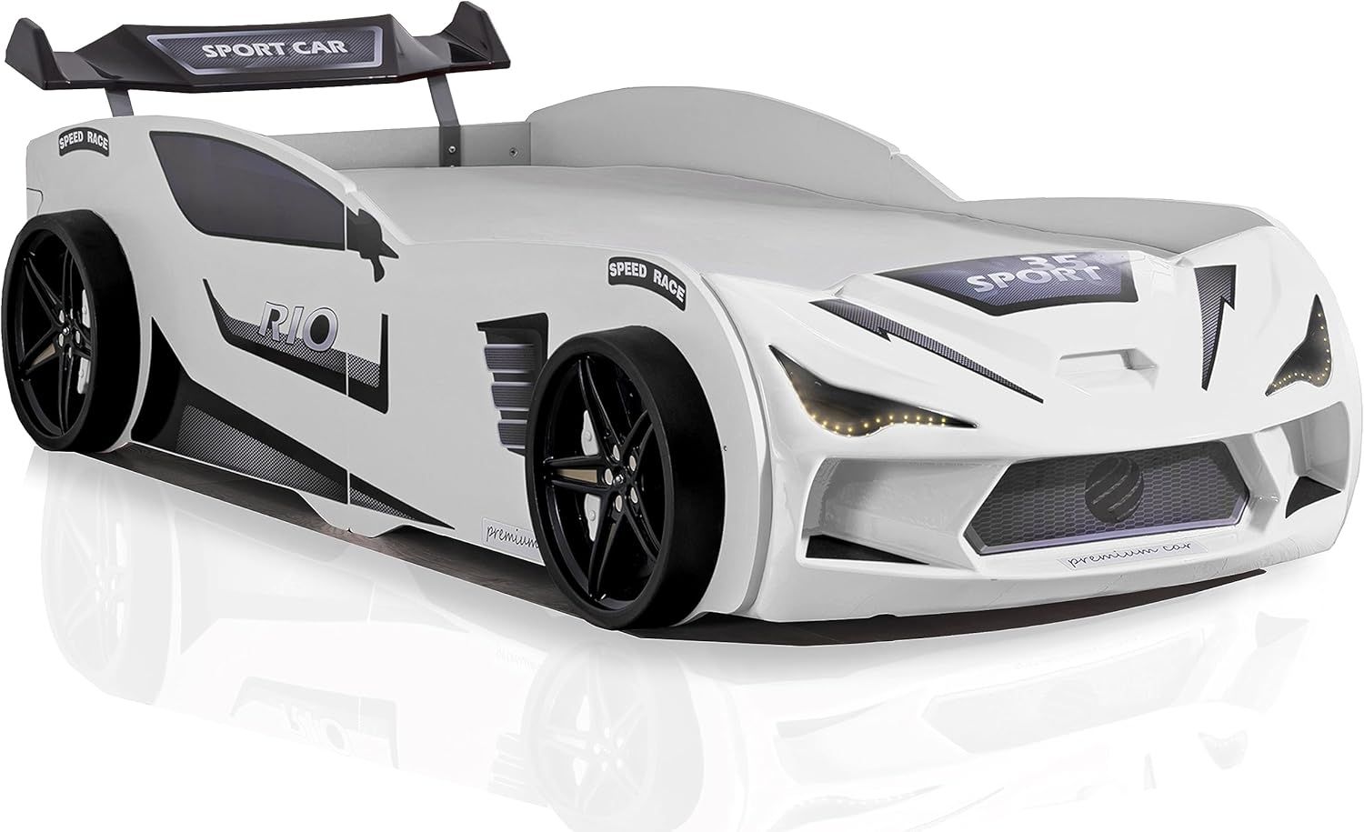 Aileenstore Autobett Rio, Kinderbett 90 x 200 cm, inkl. Lattenrost, Heckspoiler LED-Beleuchtung