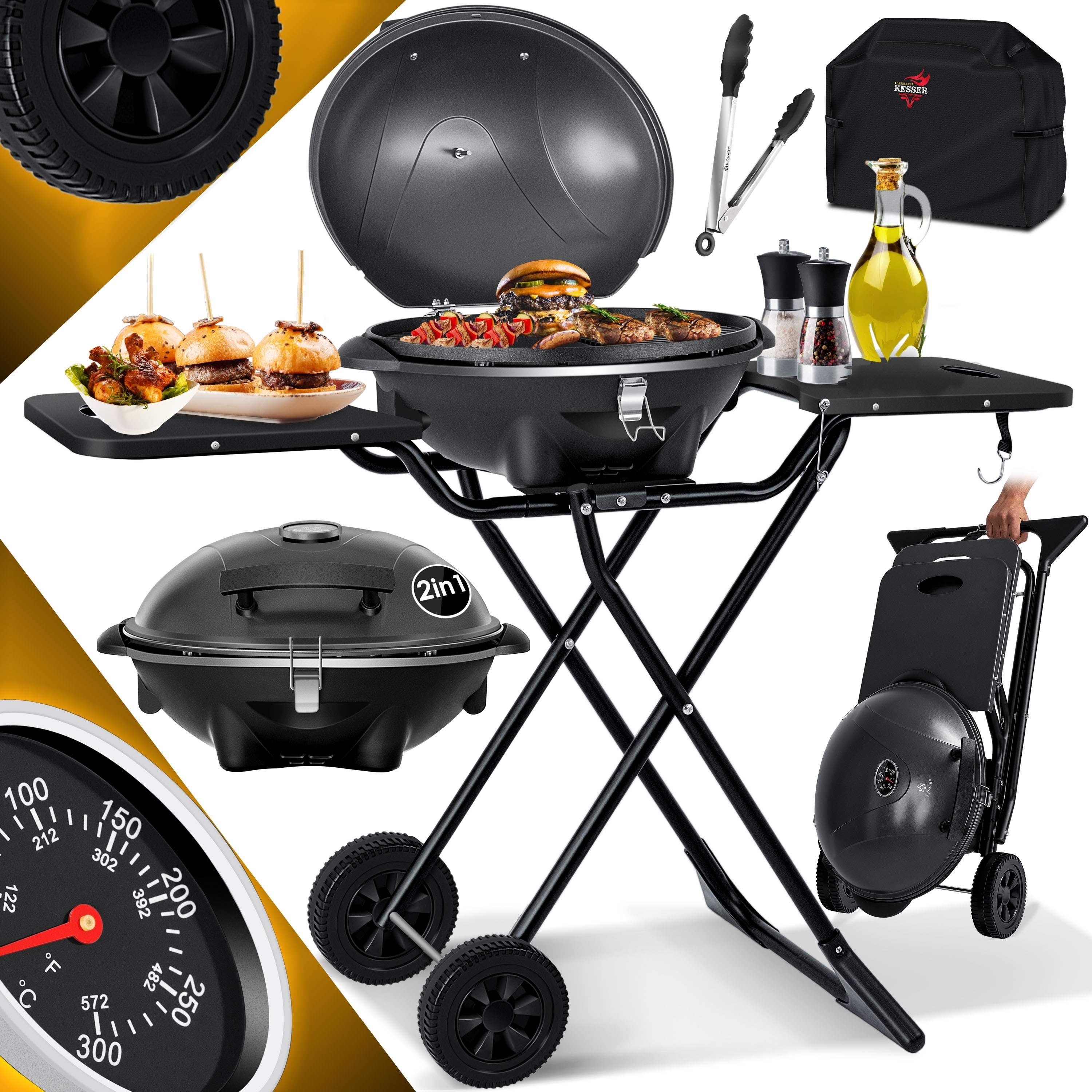 KESSER® 2in1 Elektrogrill mit Deckel und Standfuß, faltbar, mit Thermometer und 2 Räder, Aluminium schwarz, Set