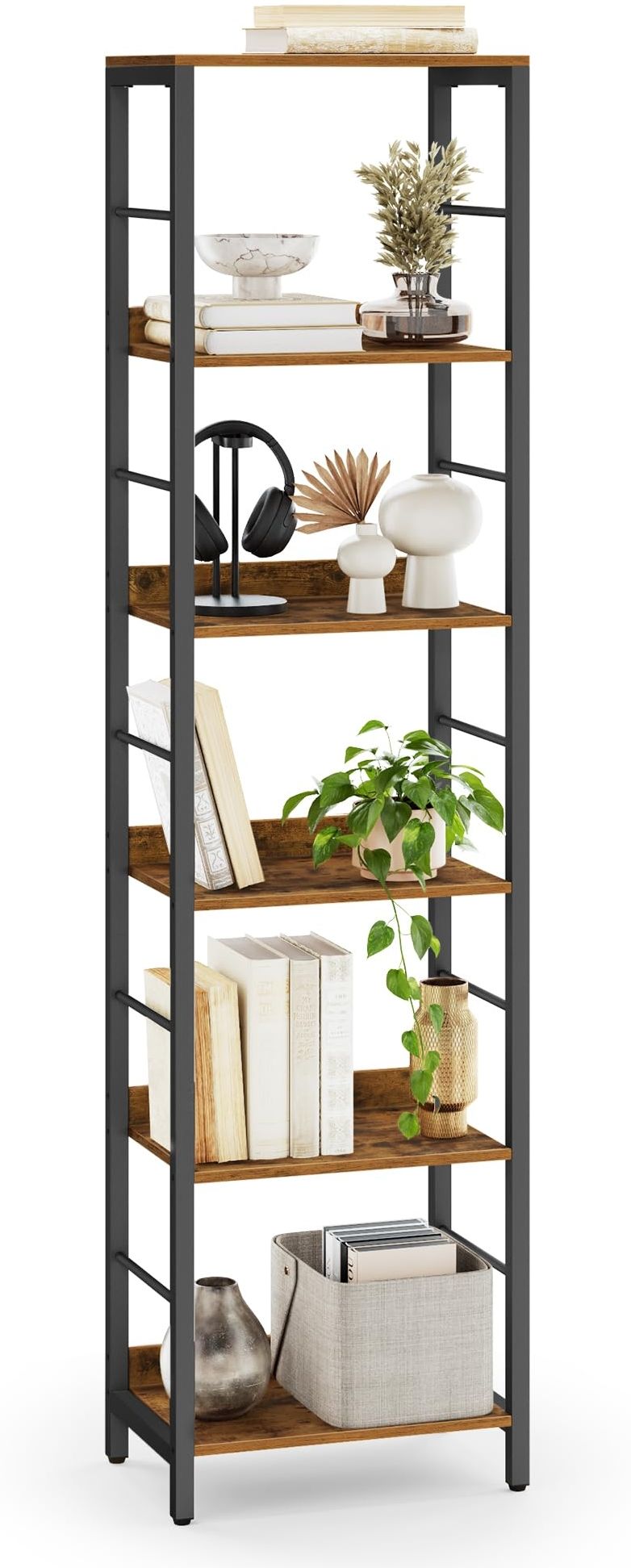 VASAGLE Bücherregal 6 Ebenen, Regal, Aufbewahrungsregal, 30 x 40 x 178 cm, mit Rückplatten, für Wohnzimmer, Arbeitszimmer, Homeoffice, Industrie-Design, vintagebraun-tintenschwarz LLS168KD01