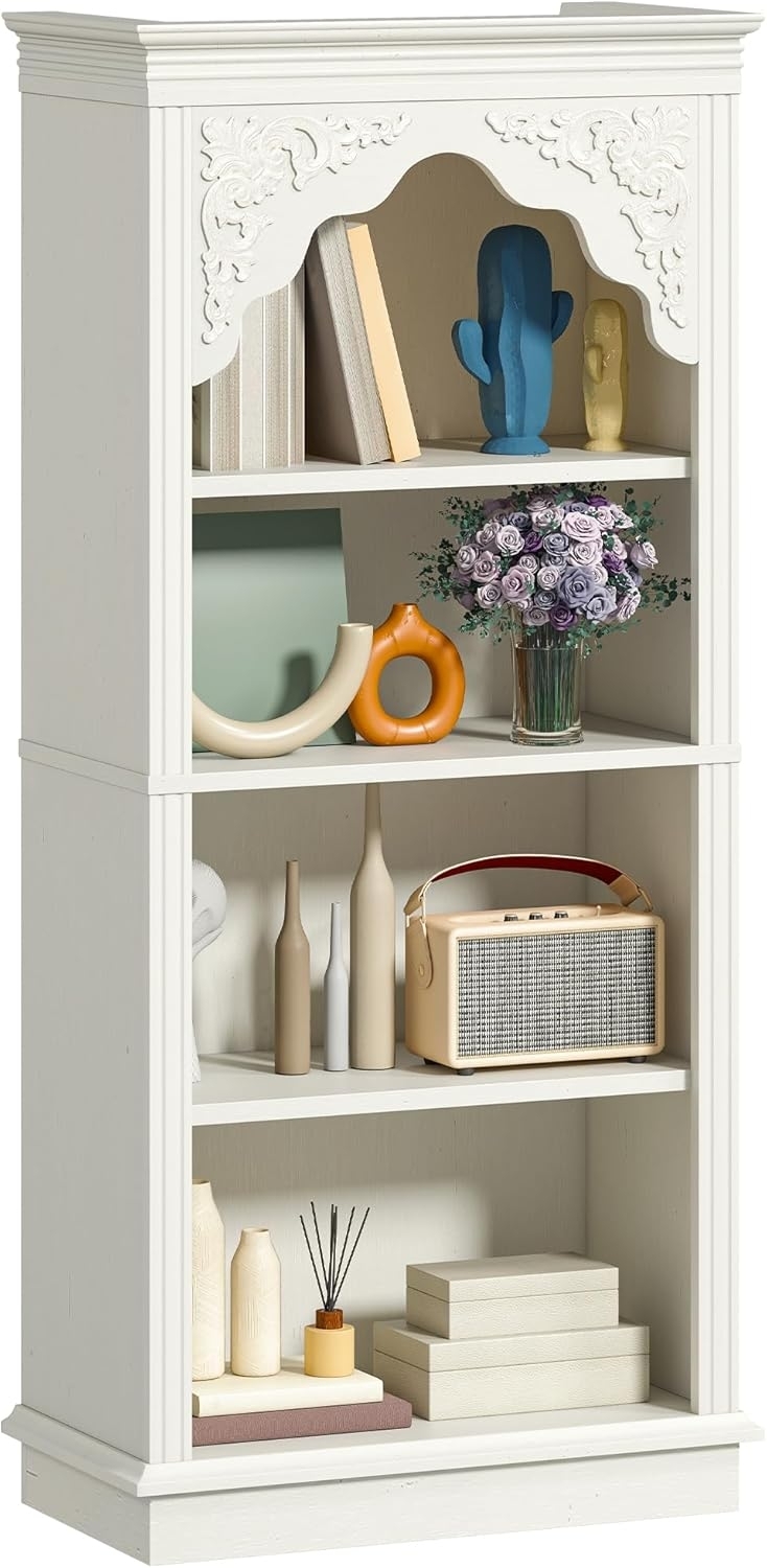 YITAHOME 4-Tier Vintage Bücherregal mit geschnitztem Design Bücherregal offenes Display Lagerung- Ideal für Wohnzimmer, Schlafzimmer, Arbeitszimmer & Büro, Weiß, 140cm