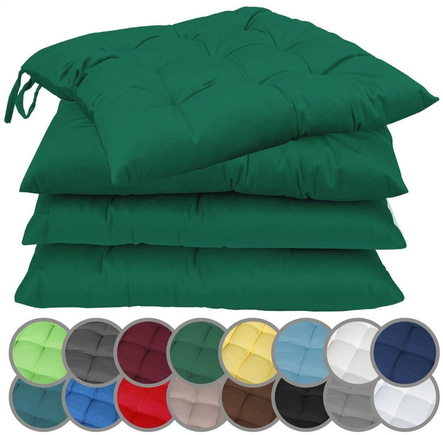 NatureMark 4er Set Stuhlkissen mit Bändern Gr. 40x40 cm Sitzkissen gefüllt, Dunkel grün