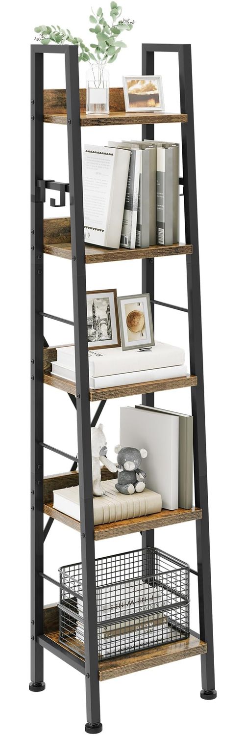 YITAHOME Bücherregal mit 5 Ebenen, industrielles Leiterregal, freistehendes Holzregale und Metallrahmen, modernes Regal für Wohnzimmer, Flur, Vintagebraun