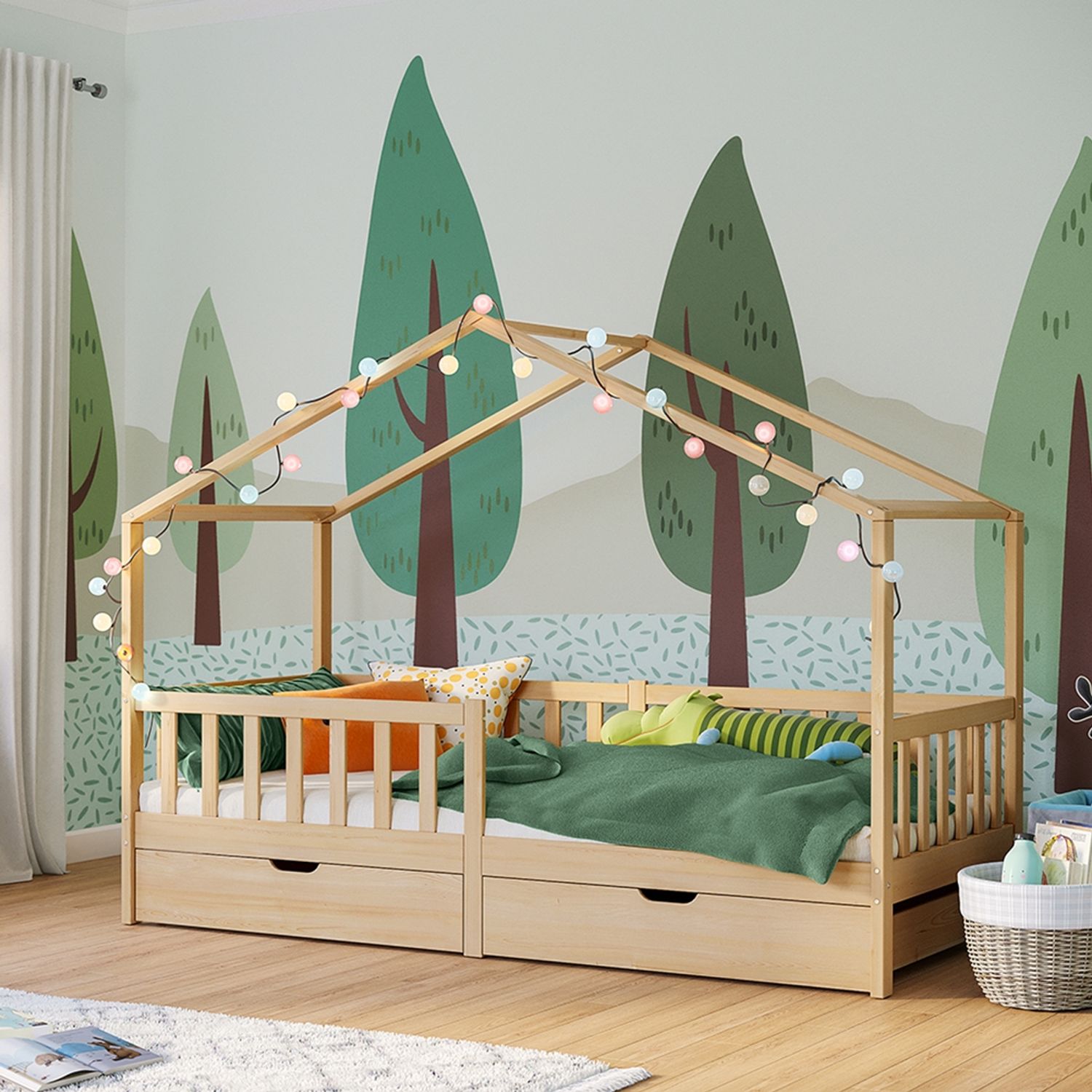 Bellabino 'Bia' Hausbett 90x200 cm mit 2 Schubladen, natur, Kiefer Massivholz, Montessori Kinderbett mit Stauraum, inkl. Rausfallschutz und Lattenrost