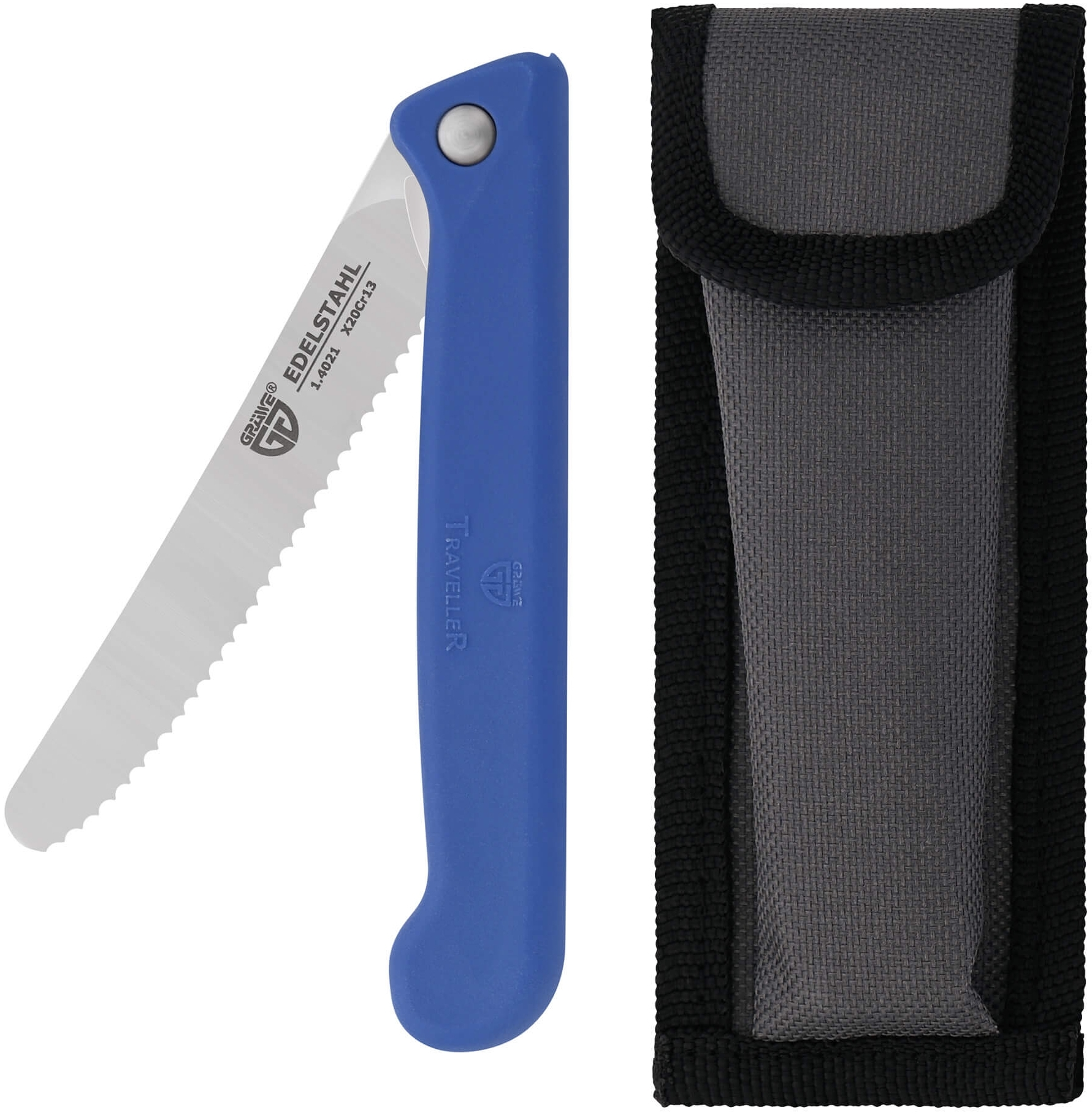 Klappbares Frühstücksmesser, mit Etui, Wellenschliff, Blau