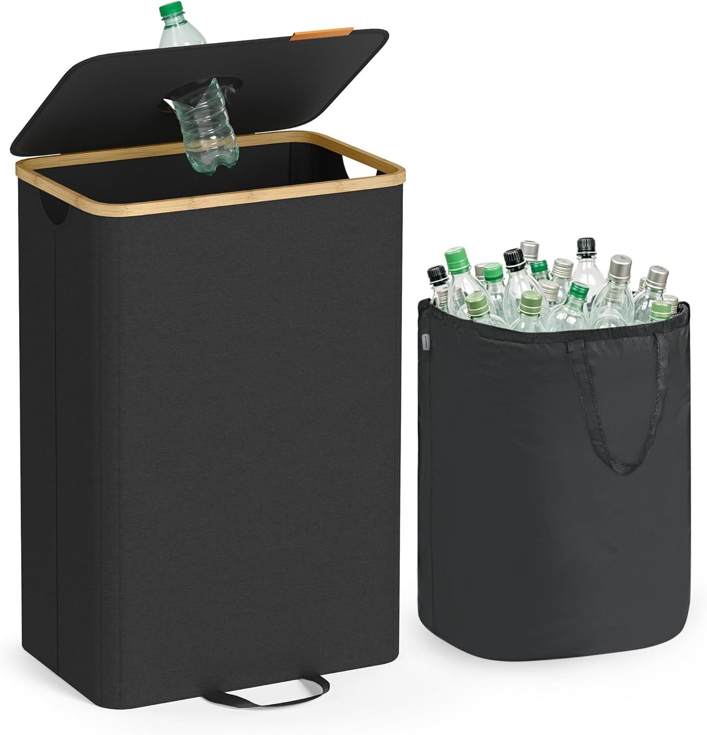 SONGMICS Pfandflaschen-Sammelbehälter, 95 L Pfandflaschen-Behälter, Flaschensammler Leergut, Recycling-Behälter, mit Loch, Deckel, Innensack mit Griffen, Küche, tintenschwarz-naturbeige RRBDE509B01