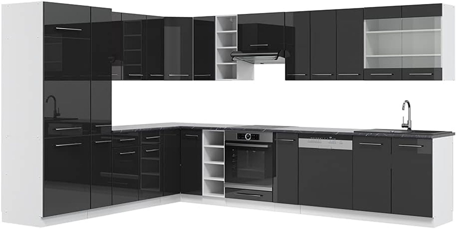 Eckküche Fame-Line Anthrazit Hochglanz/Weiß 347 x 46 cm ohne Arbeitsplatte Vicco