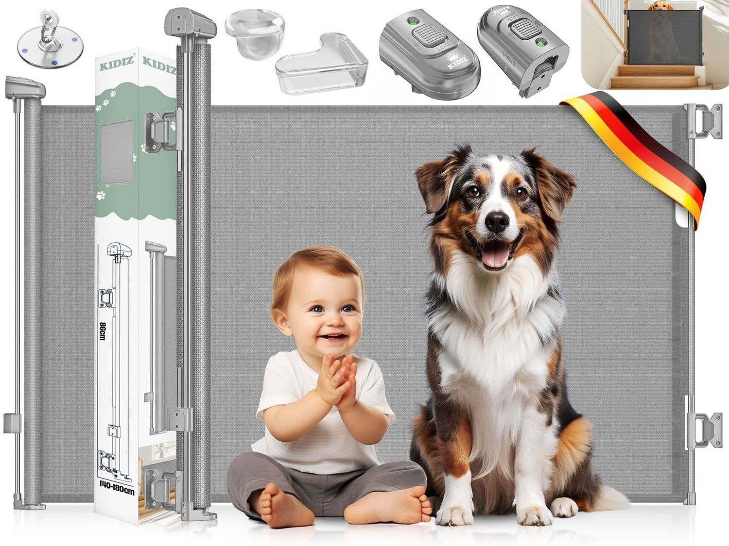 KIDIZ® Treppenschutzgitter Türschutzgitter ausziehbar bis 140/180cm | kindersicheres Treppengitter für Babys & Haustiere | Schutzgitter Treppen & Türen Absperrgitter inkl. Bodenanker & Montagezubehör Hellgrau, 0-140cm