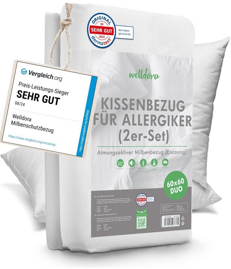 Welldora Kissenbezug für Allergiker, Milbenbezug Kissen, fachärztlich getestet, (1 Stück), Encasing gegen Milben & Bettwanzen ǀ Allergiker Bettwäsche