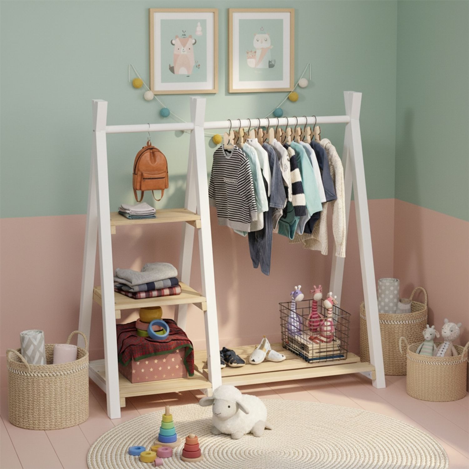 Bellabino 'Ryck' Tipi Kleiderstange mit 3 Regalen, Kiefer Massivholz, weiß/natur, 112x48x112 cm, Kindergarderobe mit Schuhablagefläche