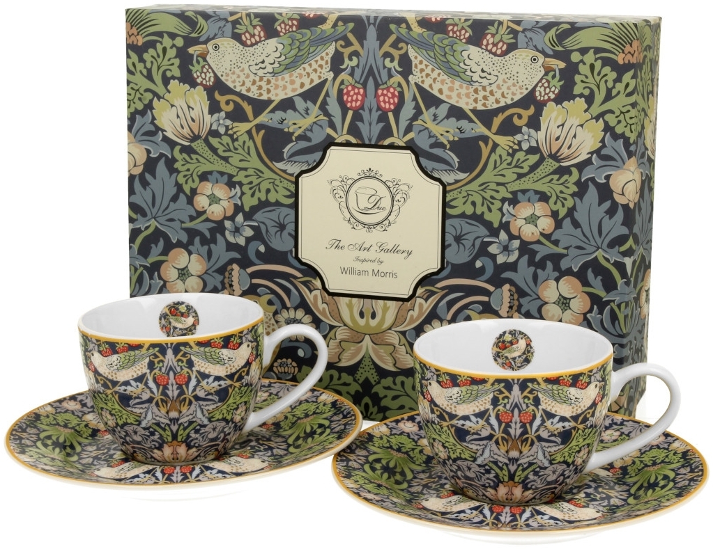 DUO ART GALLERY 2er-Set Espressotassen 90 ml STRAWBERRY THIEF BLUE mit Untertassen, New Bone China Porzellan