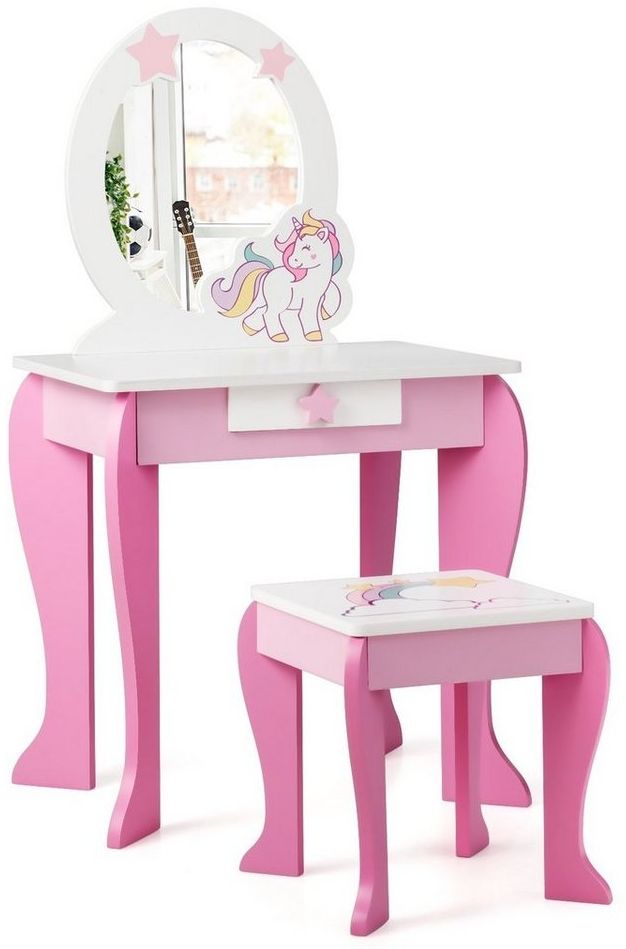 COSTWAY Kinderschminktisch mit Hocker, Schublade und Spiegel, Frisiertisch für Kinder rosa