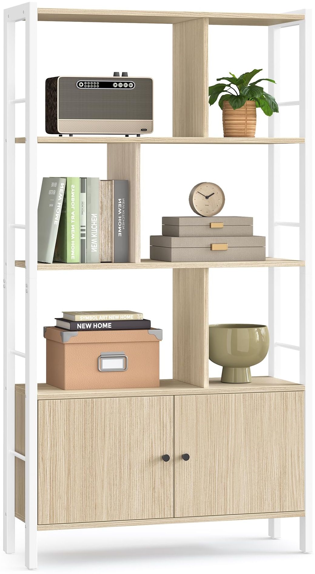 VASAGLE Bücherregal, Bücherschrank mit 4 offenen Regalebenen, Regal, Standregal, geräumiger Wohnzimmerschrank, Küche, Büro, Stahlgestell, modern, naturbeige-wolkenweiß LBC022LL01