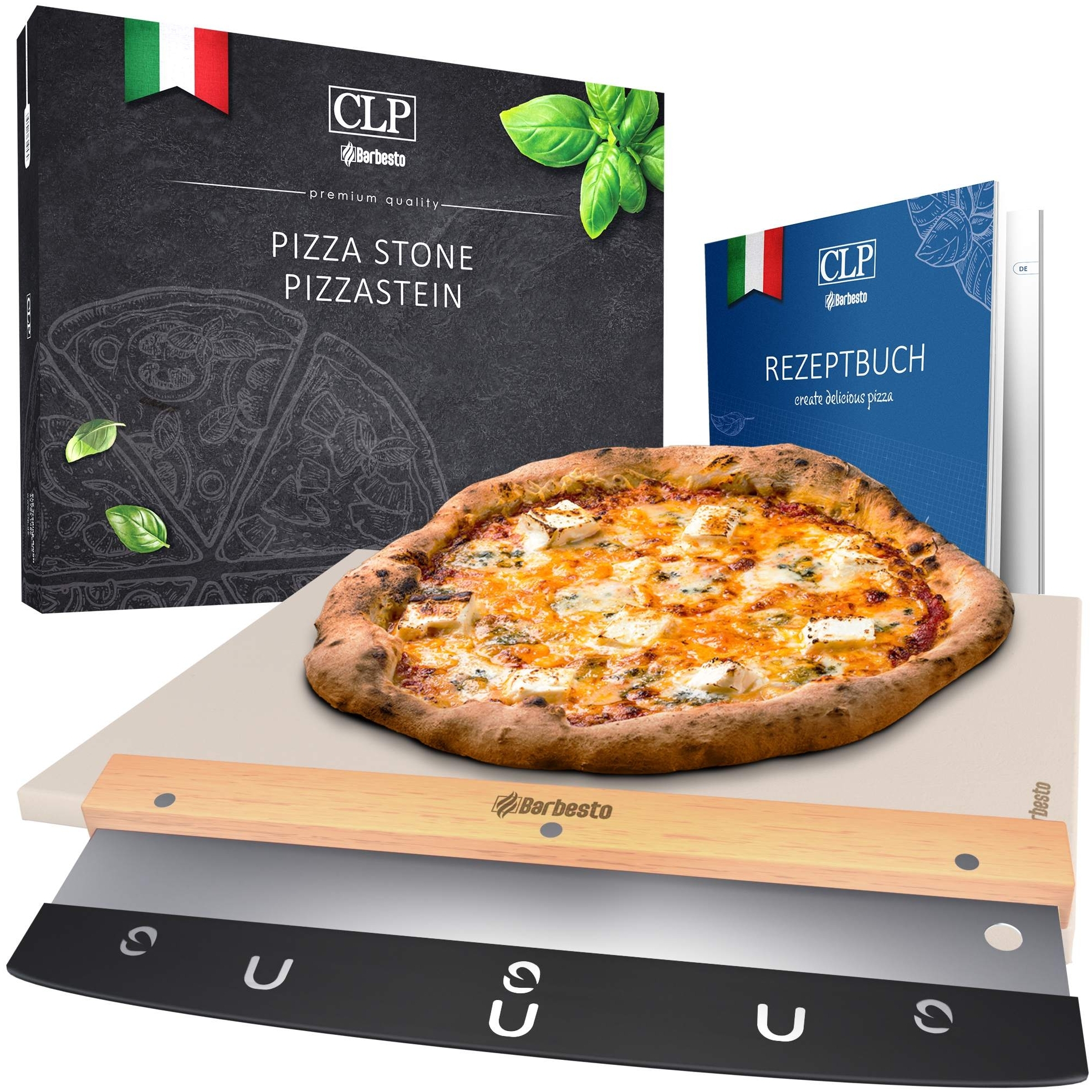 CLP Pizzastein mit Rezept-Buch für Backofen & Grill 38x30 cm einzeln oder als Set,Pizzastein+Schneider