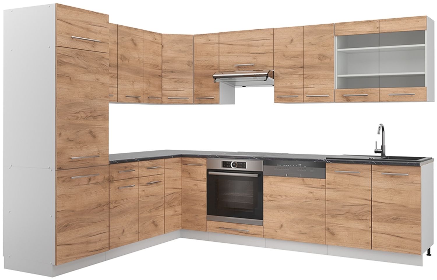 Eckküche Fame-Line Goldkraft Eiche/Weiß 287 x 46 cm ohne Arbeitsplatte Vicco