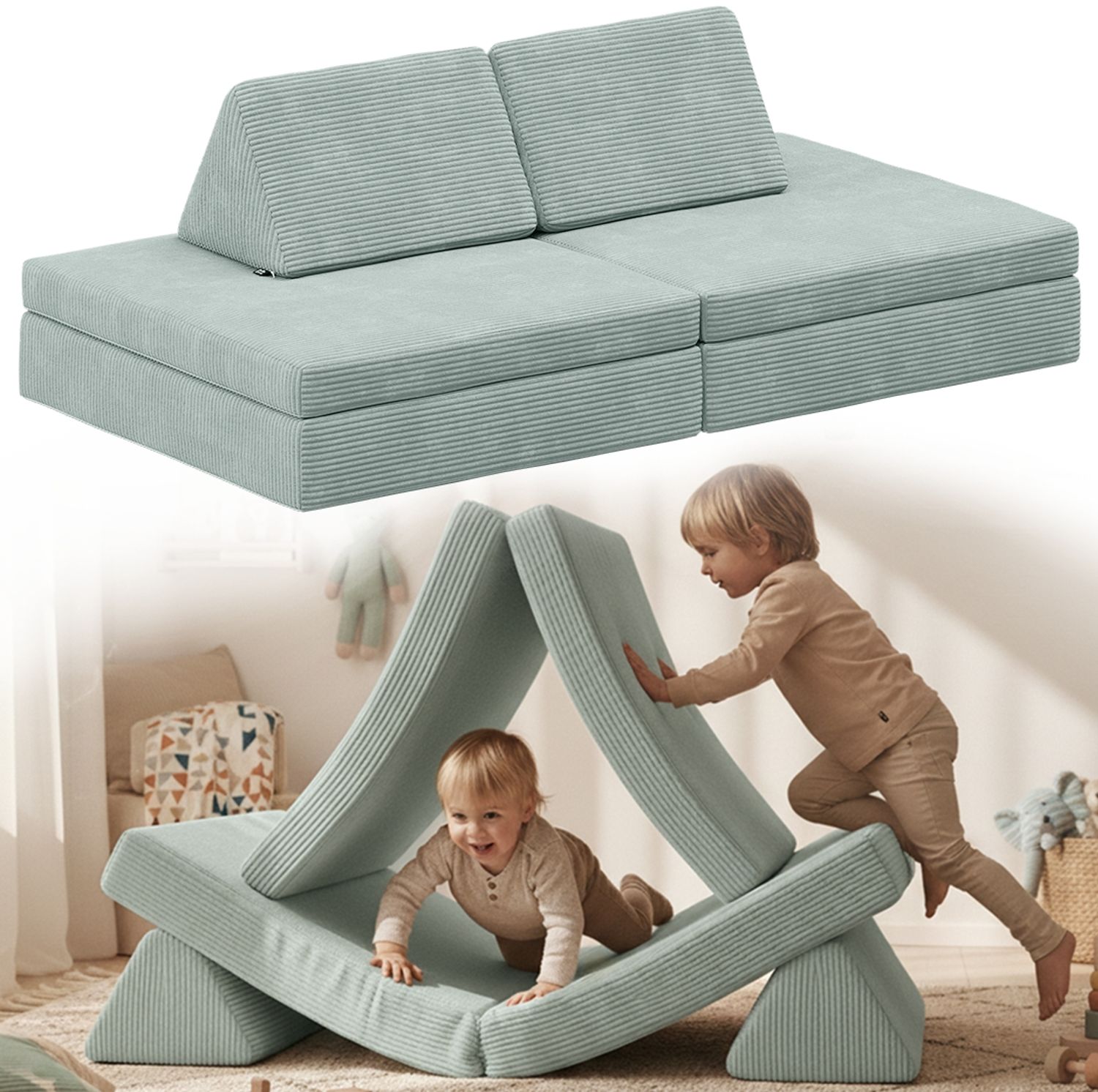 Bellabino 'Nile' Spielsofa, 4-tlg, Cord, türkis, faltbare Kindercouch, abnehmbarer & waschbarer Bezug, Kindersofa aus Schaumstoff