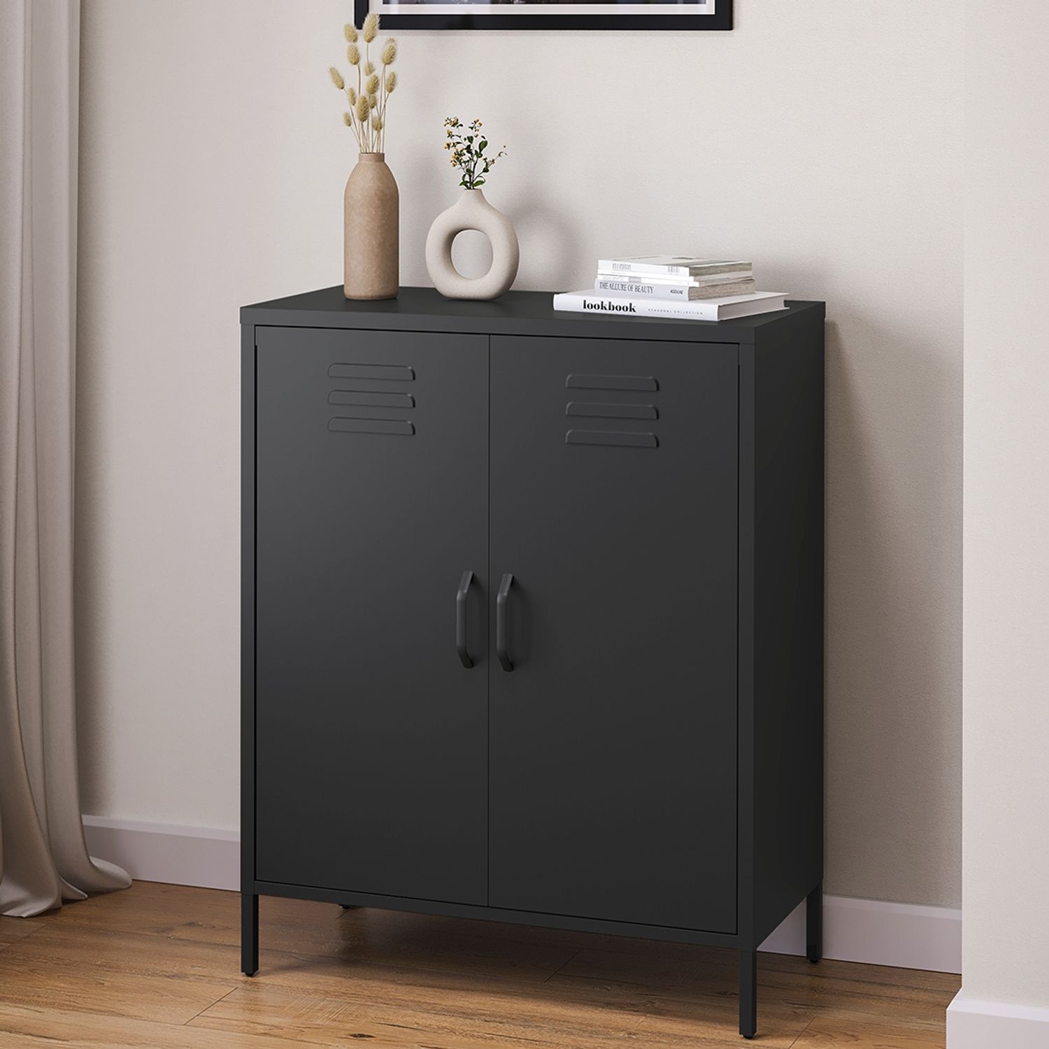 skølm 'Atria' Metallkommode, schwarz, 100x38x80 cm, Metallschrank mit 3 Fächern