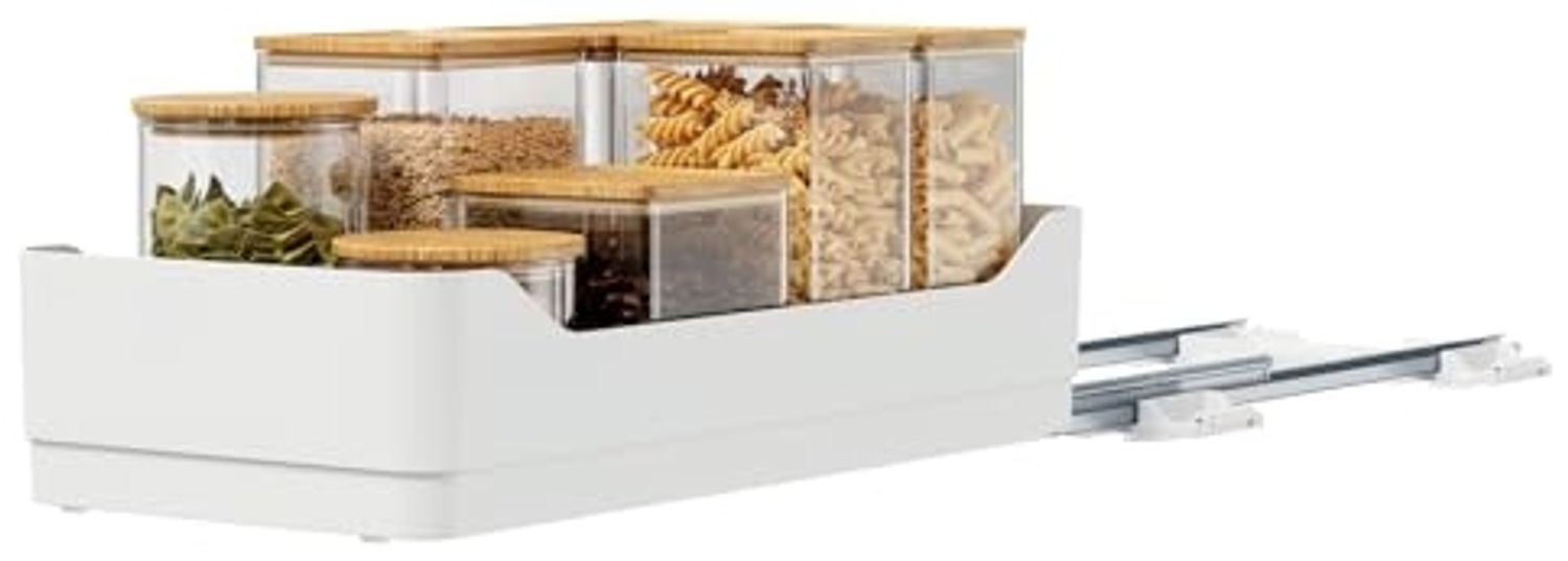 tesa Küchenorganizer-Set Schubladen Organizer Küche, nachrüstbar, ausziehbar, selbstklebend, (Pull Out ausziehbare Küchen-Schublade, 2x Auszugsschienen, 1x Regalboden, 5x Powerstrips-Blätter, uvm, 8-tlg, inkl. Bodenauszug mit 15 Powerstrips & Andrückhi...