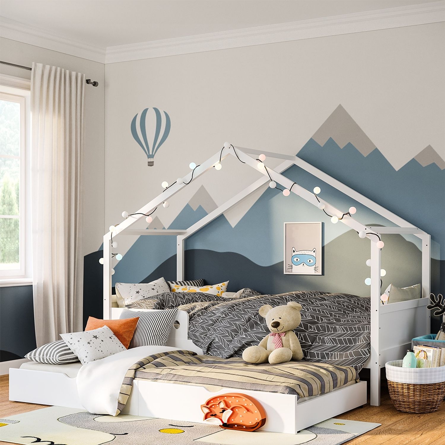 Bellabino 'Bela' Hausbett 90x200 cm mit Gästebett 90x190 cm, weiß, Kiefer Massivholz, Montessori Kinderbett mit Ausziehbett, inkl. Rausfallschutz und Lattenrost