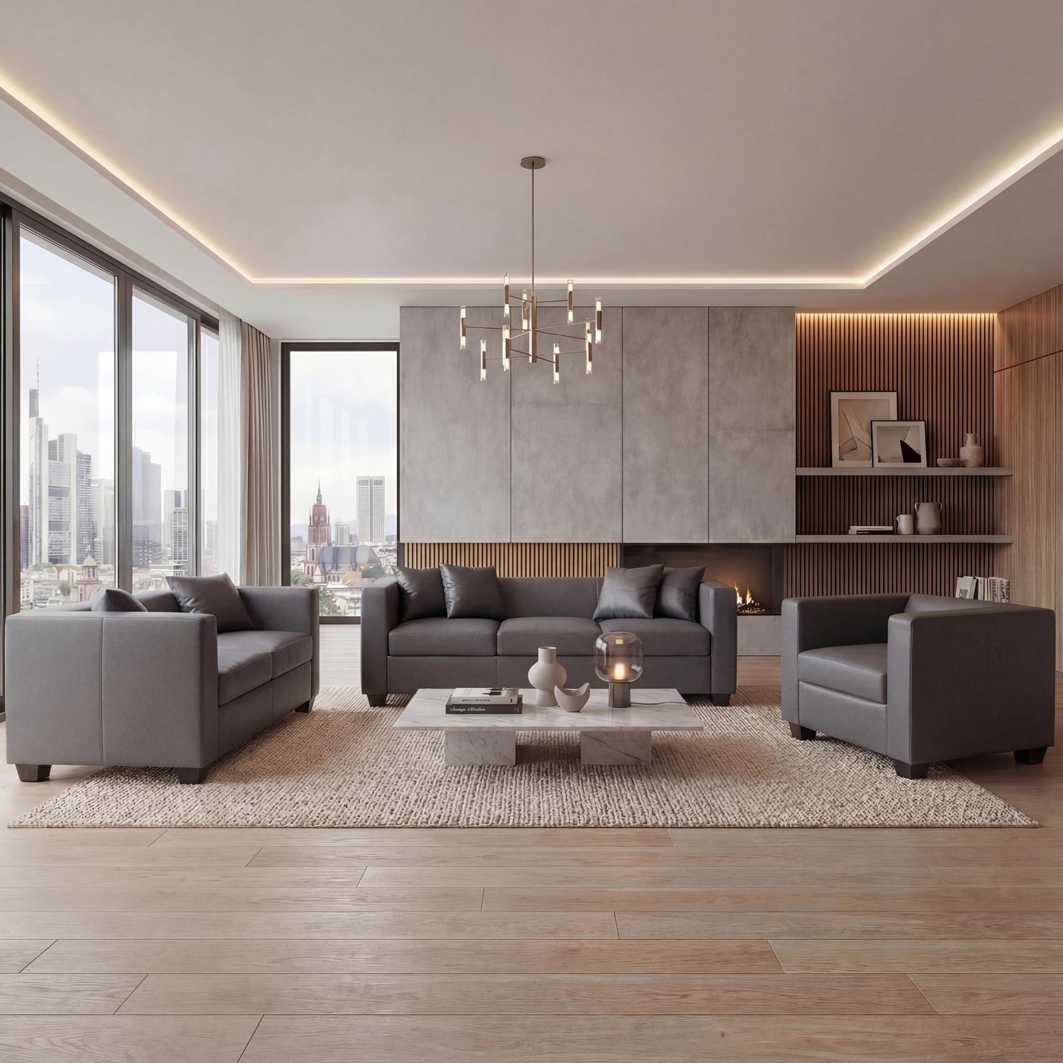 3-2-1 Sofagarnitur Couchgarnitur Loungesofa Lille ~ Kunstleder, dunkelgrau