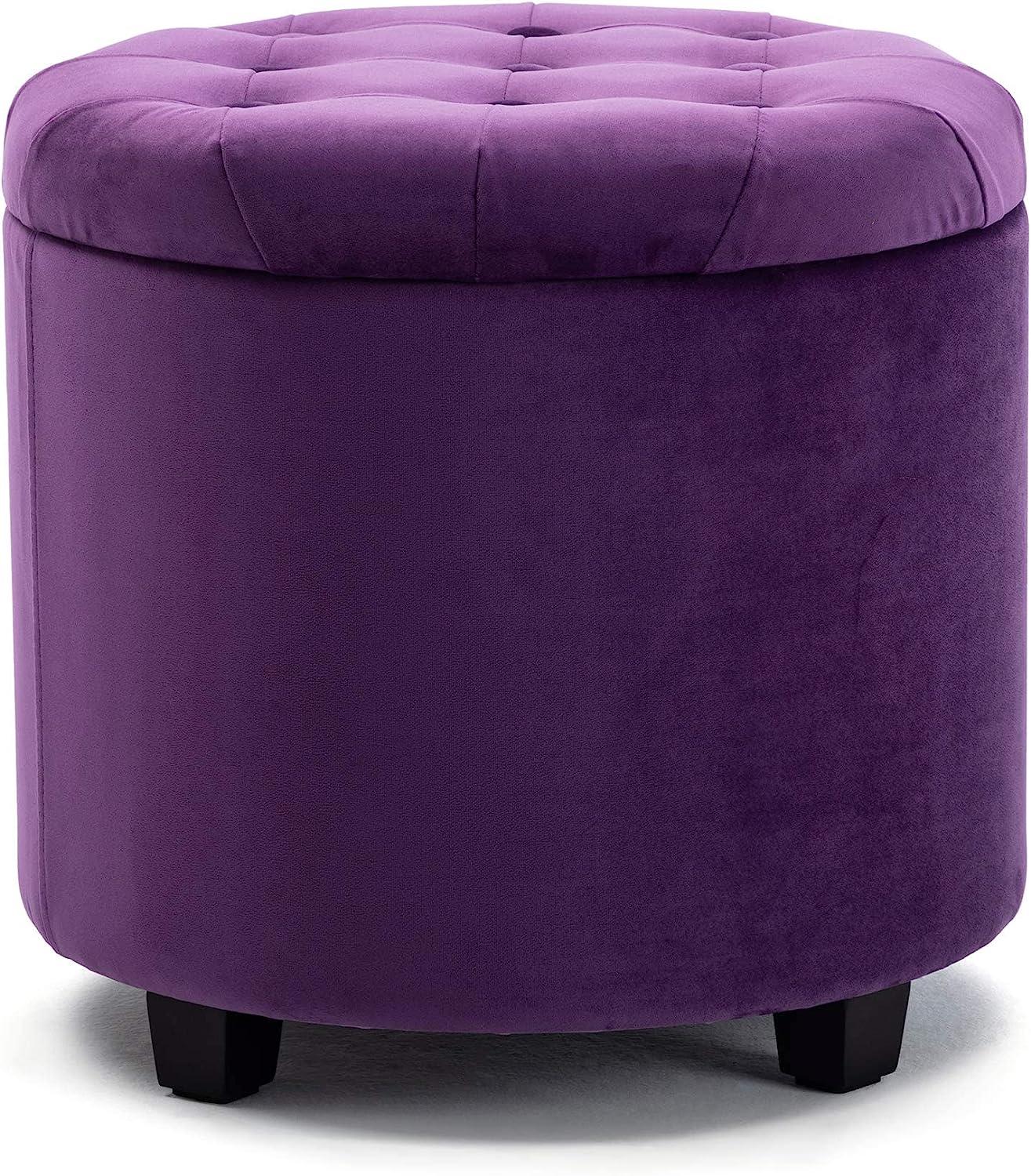 HNNHOME Sitzhocker mit Stauraum, Sitzwürfel mit Deckel, Sitztruhe, Fußbank Truhen Aufbewahrungsbox, Wolken Samt, 45 cm runder Massivholz, 45 L, 45 x 45 x 43 cm (violett, Samt)