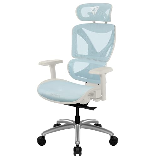 ThunderX3 XTC Ergonomischer Bürostuhl, weiß/blau, mit Mesh-Bezug, 3D-Armlehnen und bis 125 kg Belastbarkeit