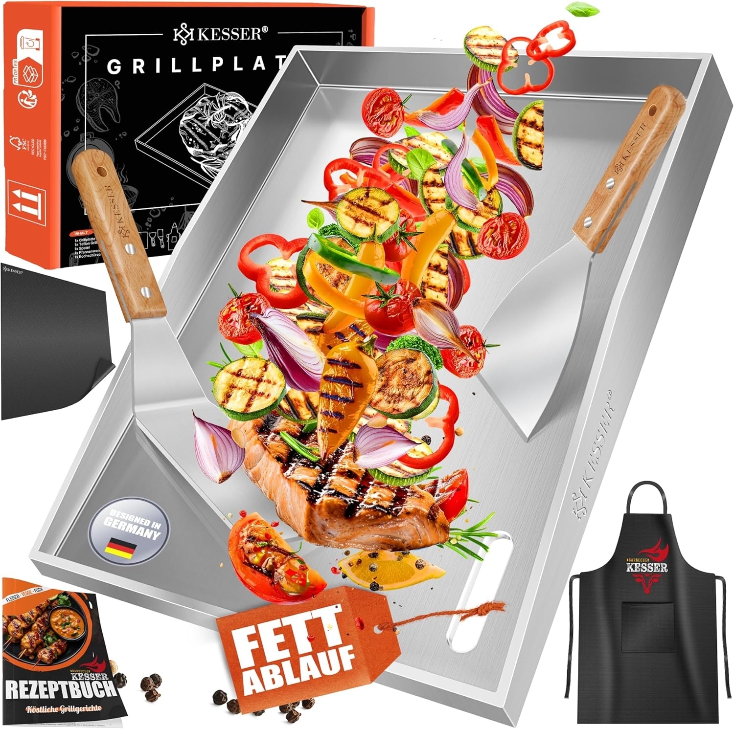 KESSER® Grillplatte Plancha aus Edelstahl 40x30cm rostfrei mit Fettablauf, hitzebeständig bis 800°C & Spülmaschinenfest für Gas & Holzkohlegrill inkl. 2 Spatel, Grillschürze, Grillmatte & Rezeptbuch Weiß, Plancha