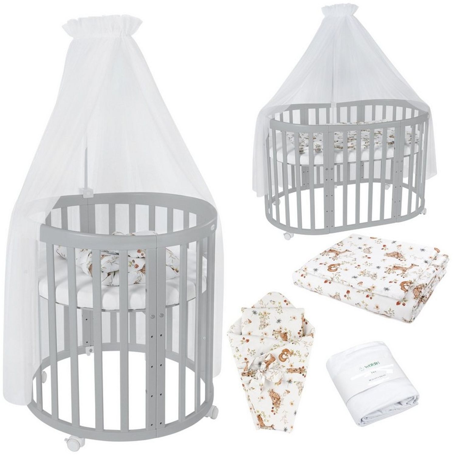 Waldin Babybett Mobiles Babybett OWAL aus Holz 7in1 mit Matratze, mitwachsend
