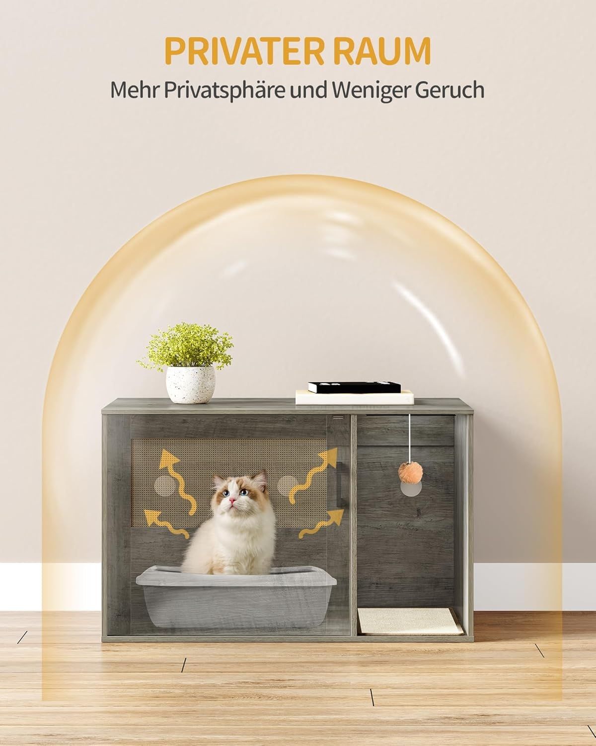 Katzenschrank mit Rattan Tür, Versteckte Katzentoilette, Boho Stil Holz Haustier Haus Katzenstreu, Speicher Schrank Sitzbank, 50 x 80 x 50 cm, Greige