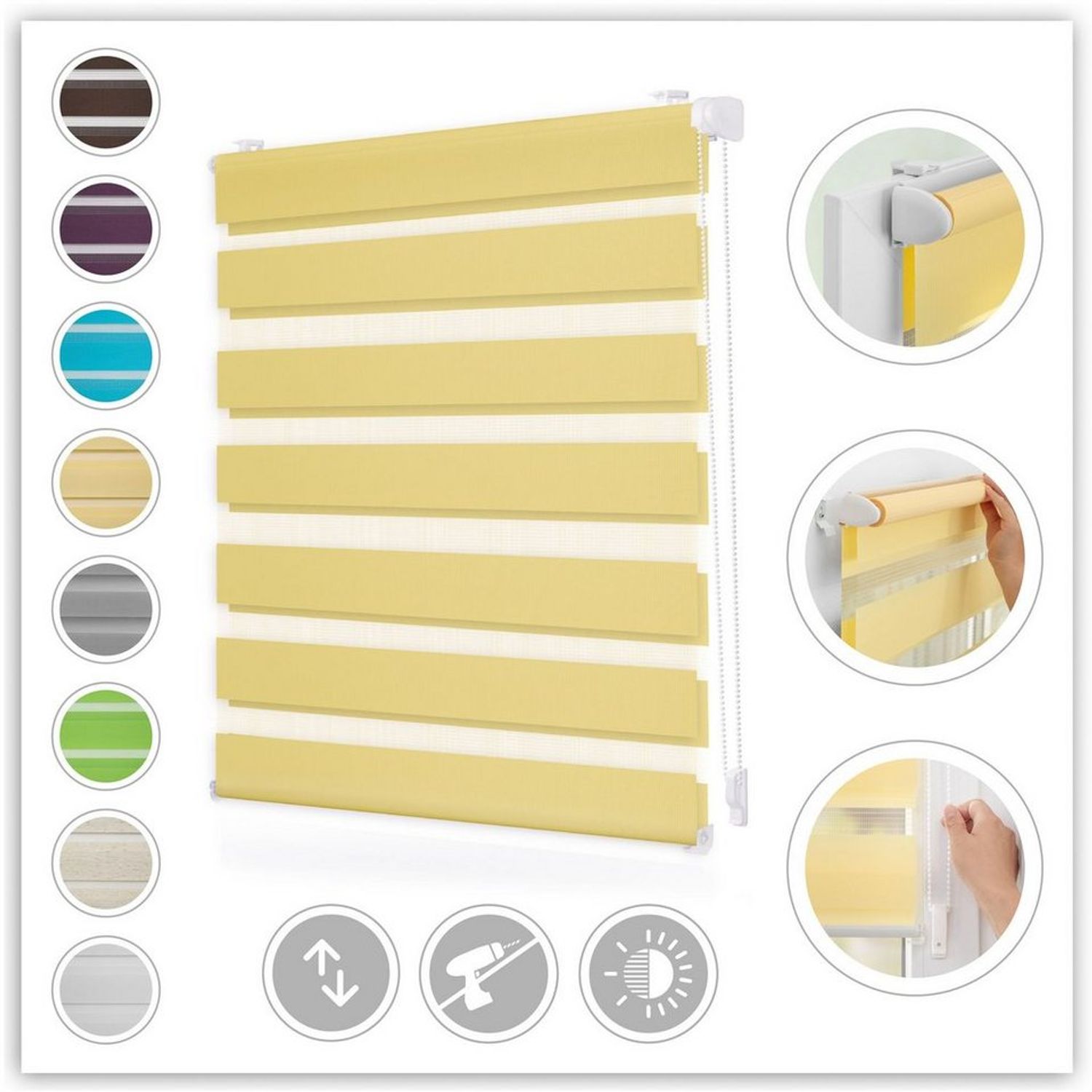 Lichtblick Doppelrollo Klemmfix ohne Bohren, Streifen, Blickdicht, Klemmträger-Montage, Sichtschutz, Wandmongtage, Deckenmontage, für Fenster und Türen Gelb,110x150 cm (B x L)