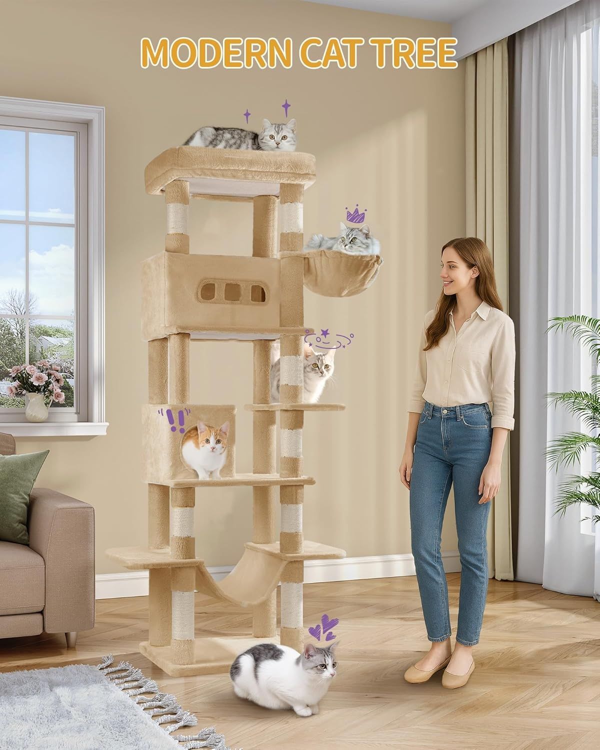 Kratzbaum Groß, 210 cm Hoch, Katzenbaum, mit 8 Kratzbäume, 2 Höhlen, Groß Plattformen, Waschbare Matte, Hängematte, Plüschbälle, Mehrstöckiger Katzenkratzbaum, Kamelbraun